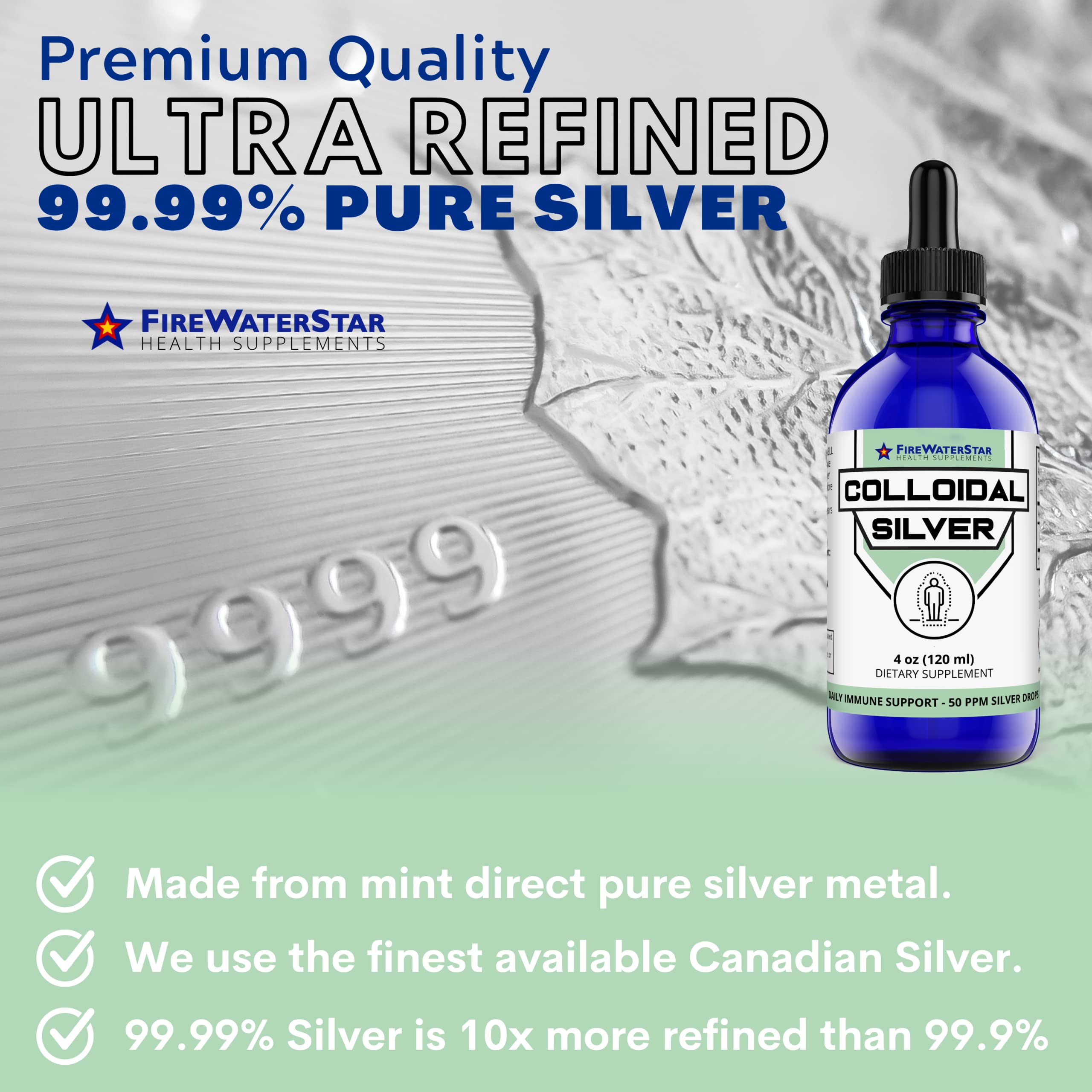 FIREWATERSTAR Colloidal Silver Liquid Drops 50 ppm with measuring dropper