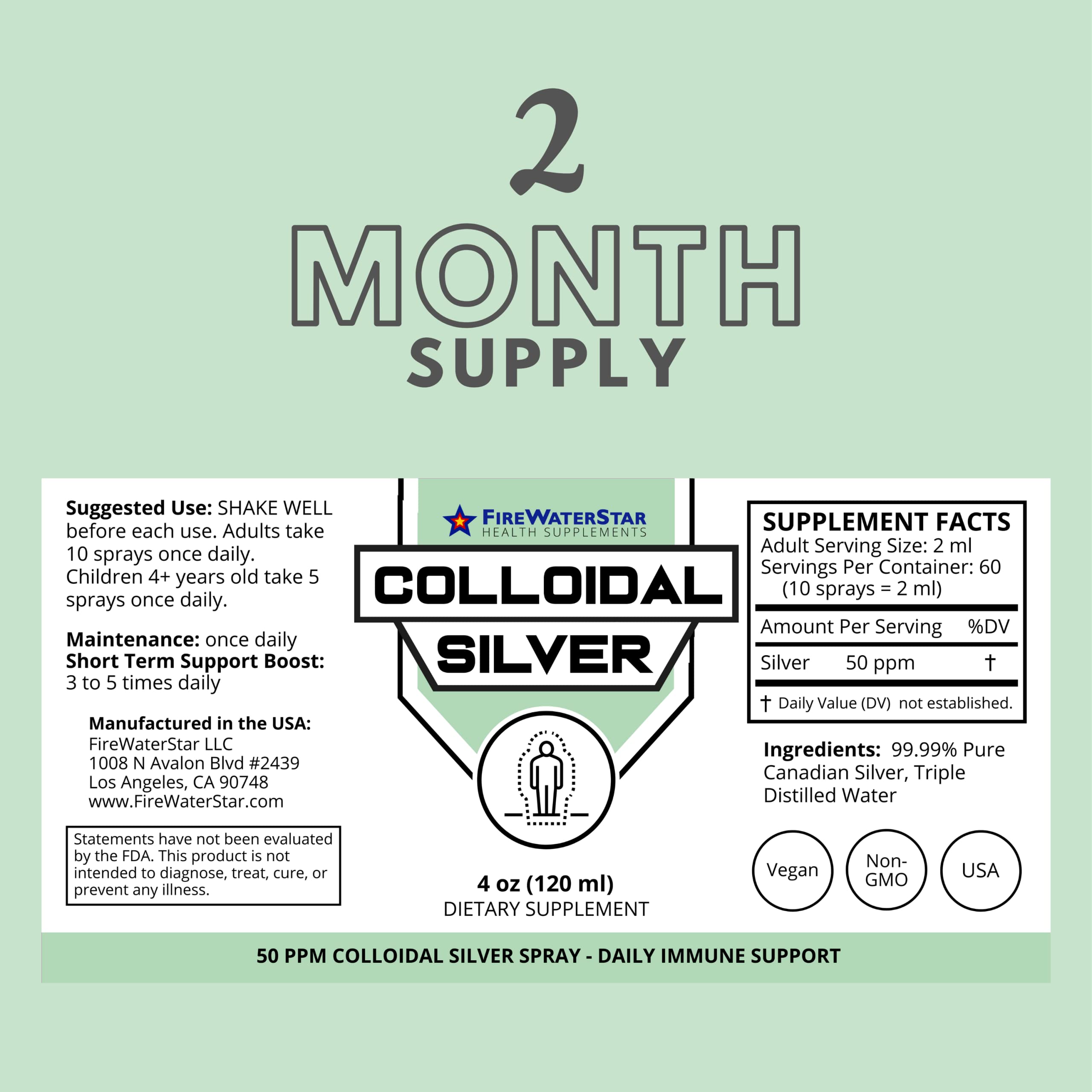 FIREWATERSTAR Colloidal Silver Spray 50 ppm bottle side view