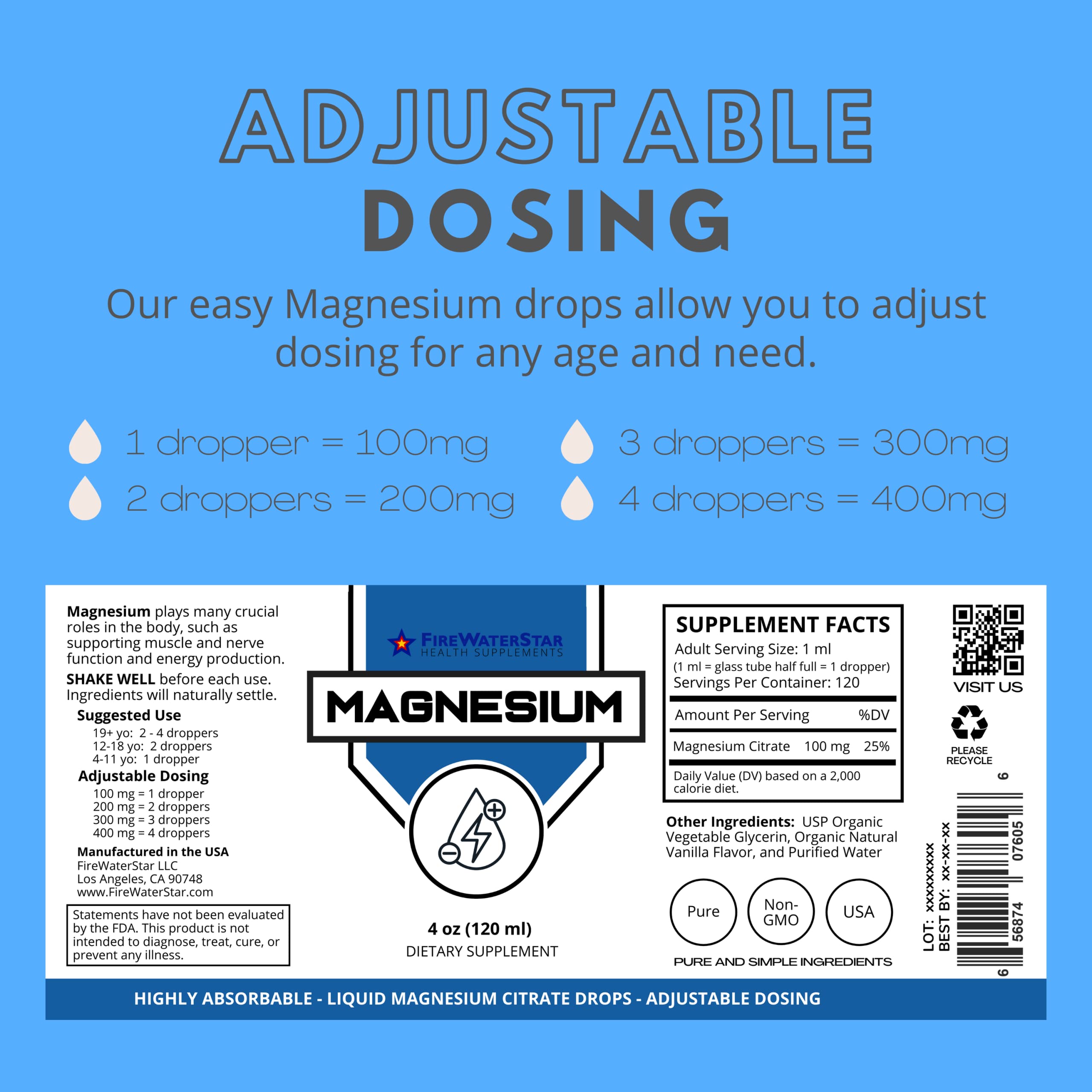 FIREWATERSTAR Liquid Magnesium Citrate 400mg dropper top
