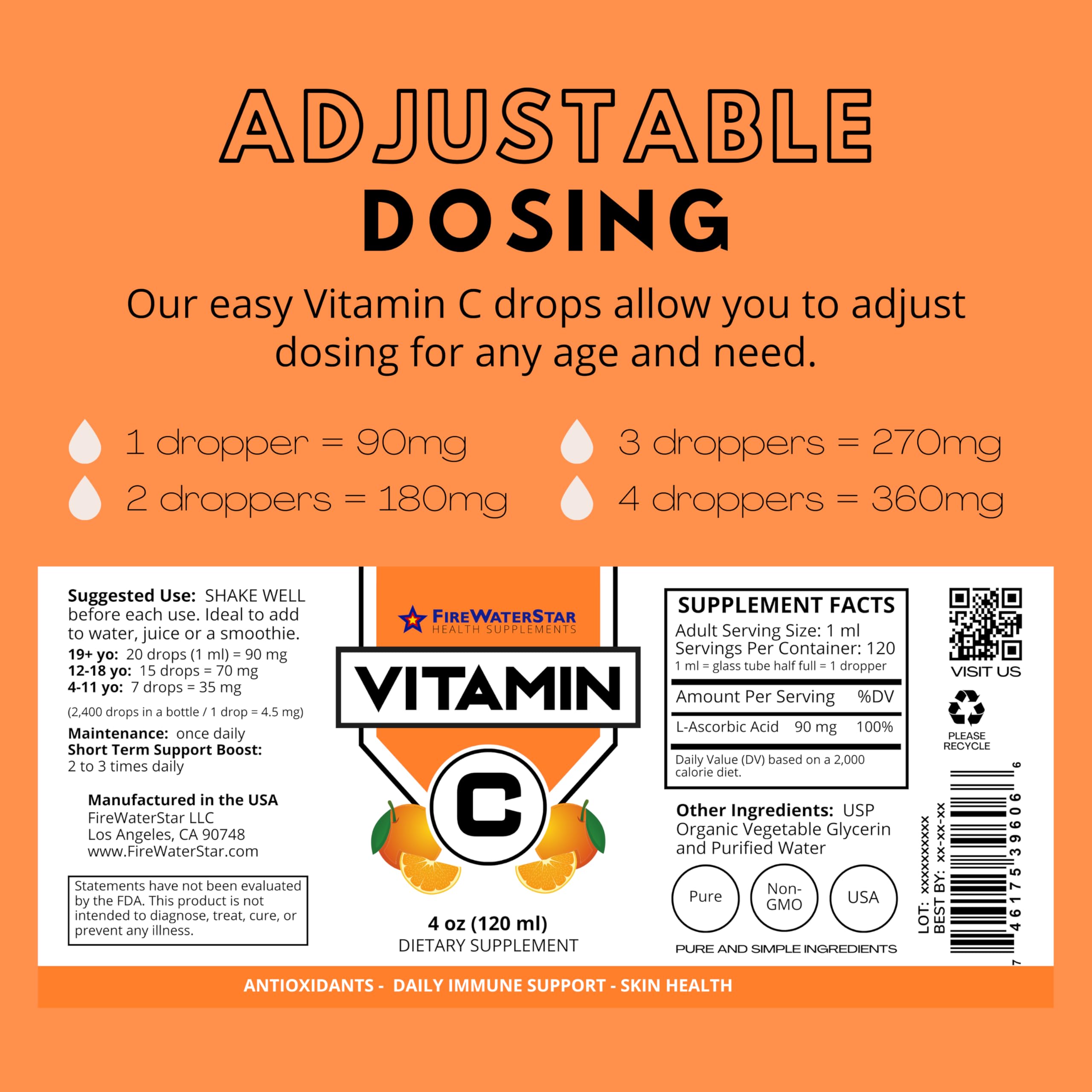 FIREWATERSTAR Liquid Vitamin C Drops back view showing nutritional info