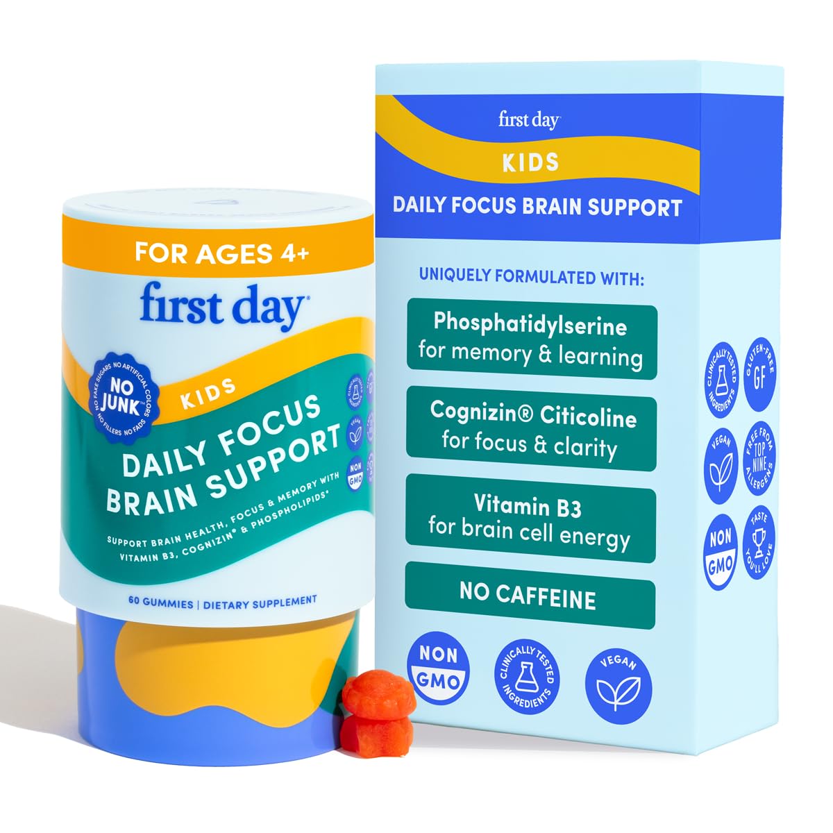 FIRST DAY Kids Brain Gummies 60 count peach flavour bottle front view