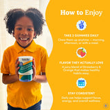 FIRST DAY Kids Brain Gummies bottle with a measuring spoon