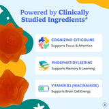 FIRST DAY Kids Brain Gummies in a bowl with some gummies spilled out