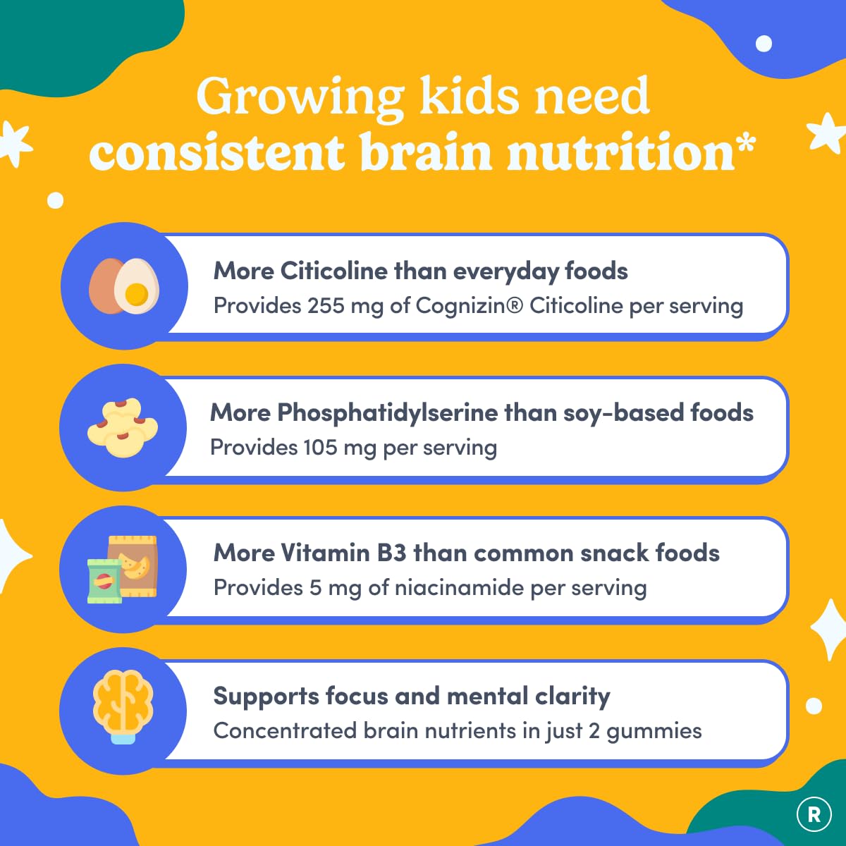 FIRST DAY Kids Brain Gummies ingredients list on packaging