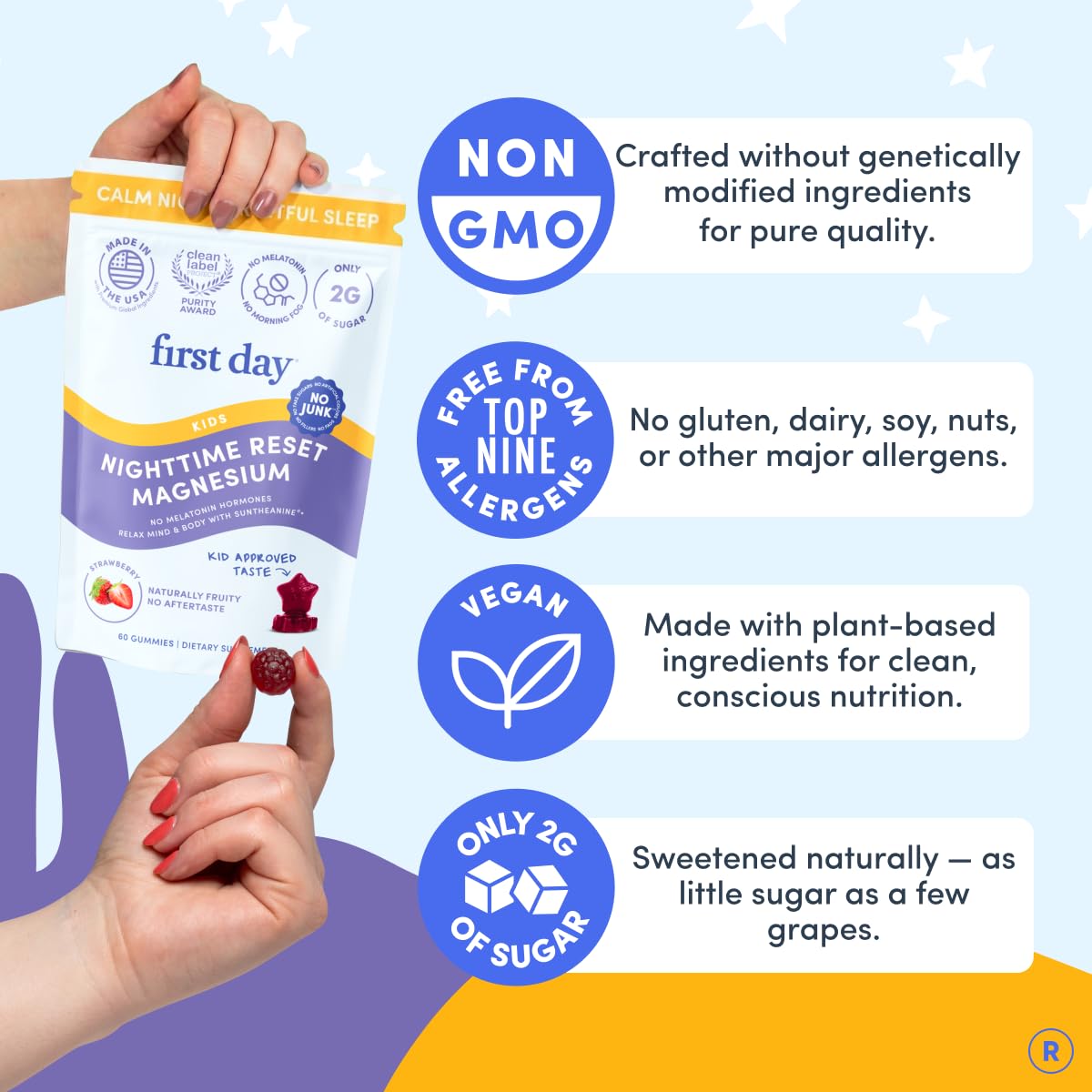 FIRST DAY Magnesium Gummies for Kids 150g on a table