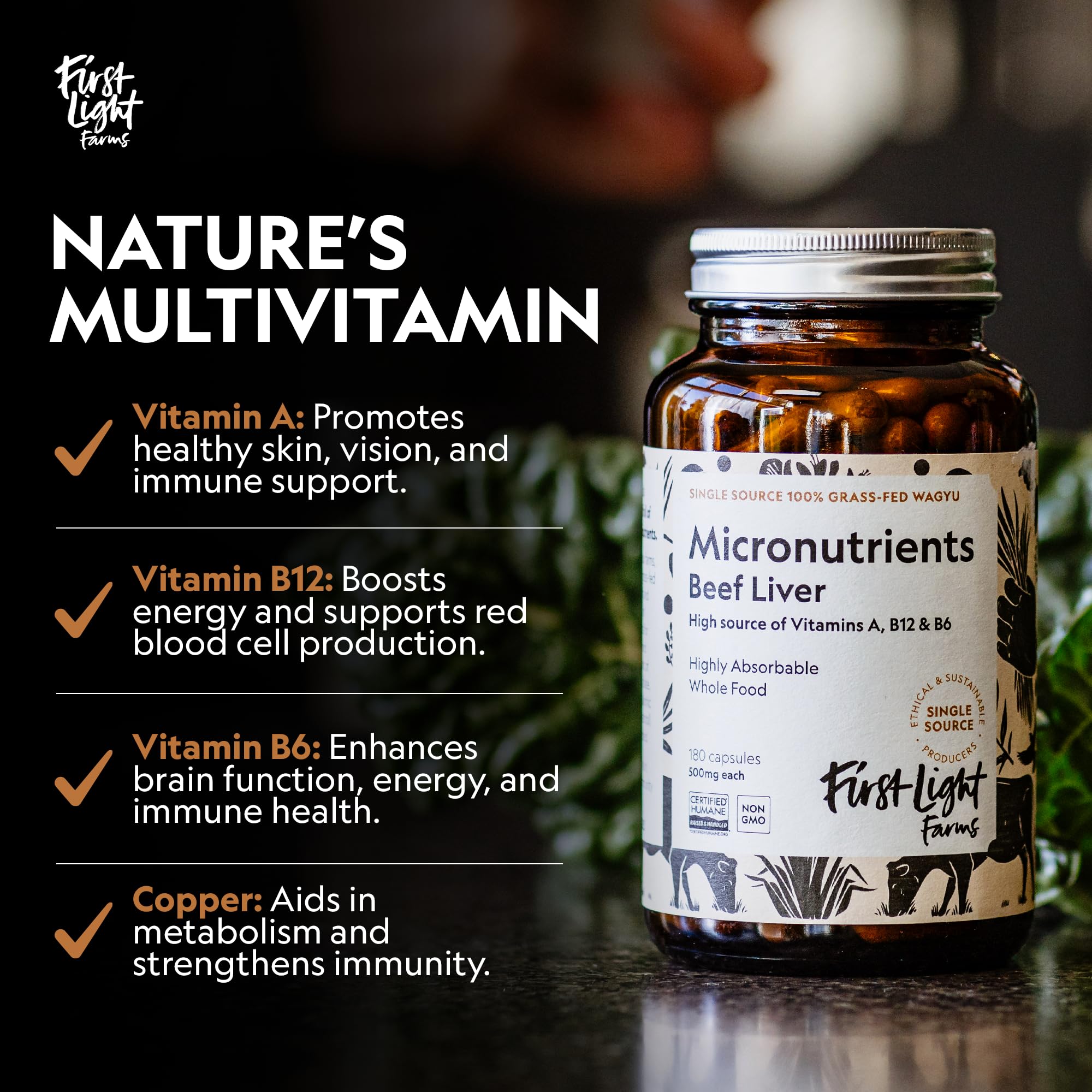 First Light Beef Liver Capsules back view with ingredient list