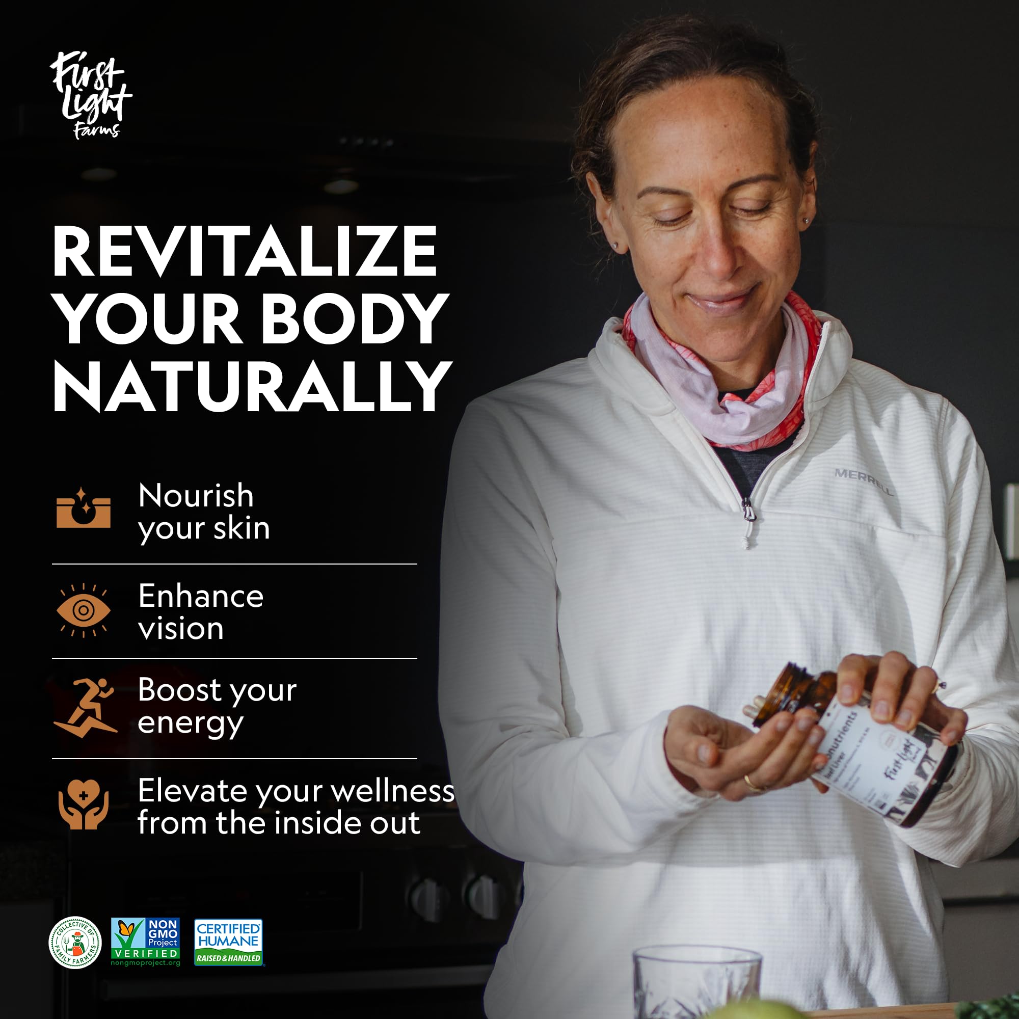 First Light Beef Liver Capsules lifestyle scene with supplements