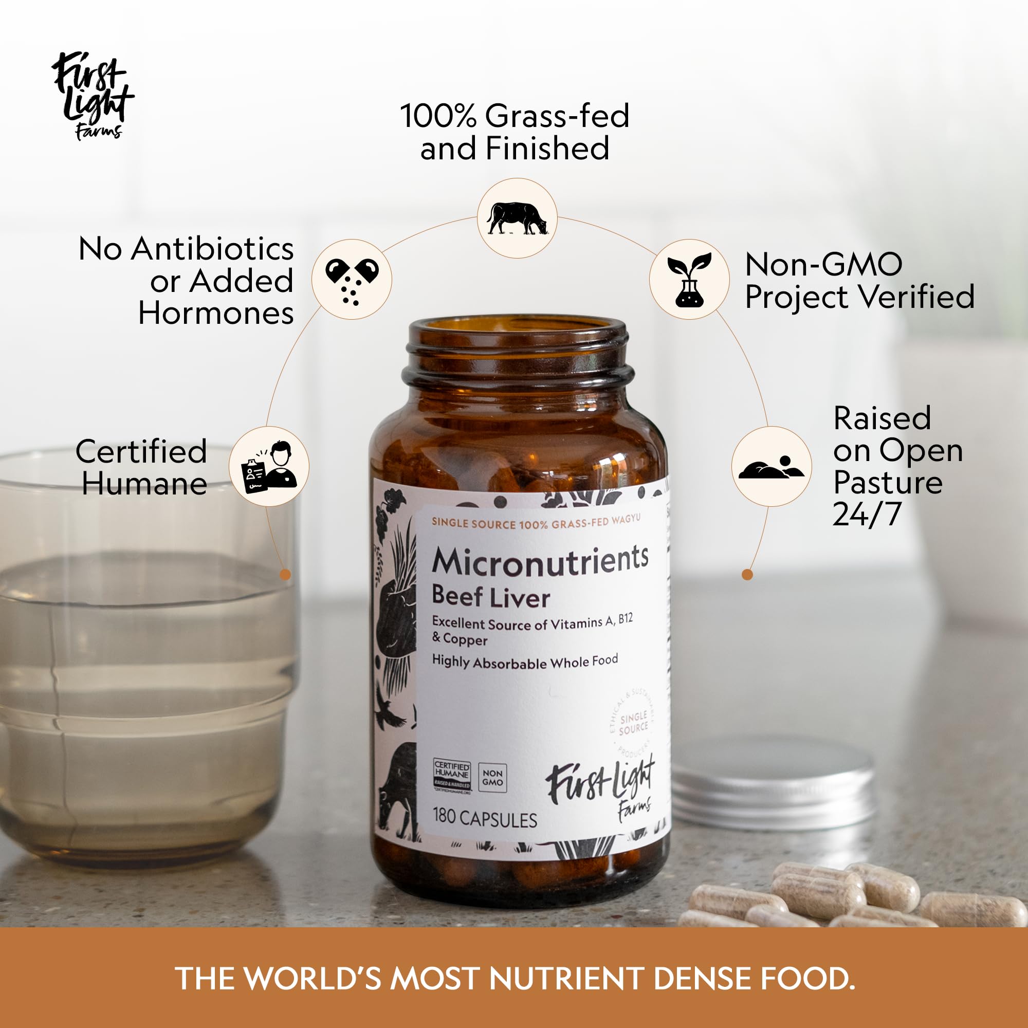 First Light Beef Liver Capsules opened bottle showing capsules