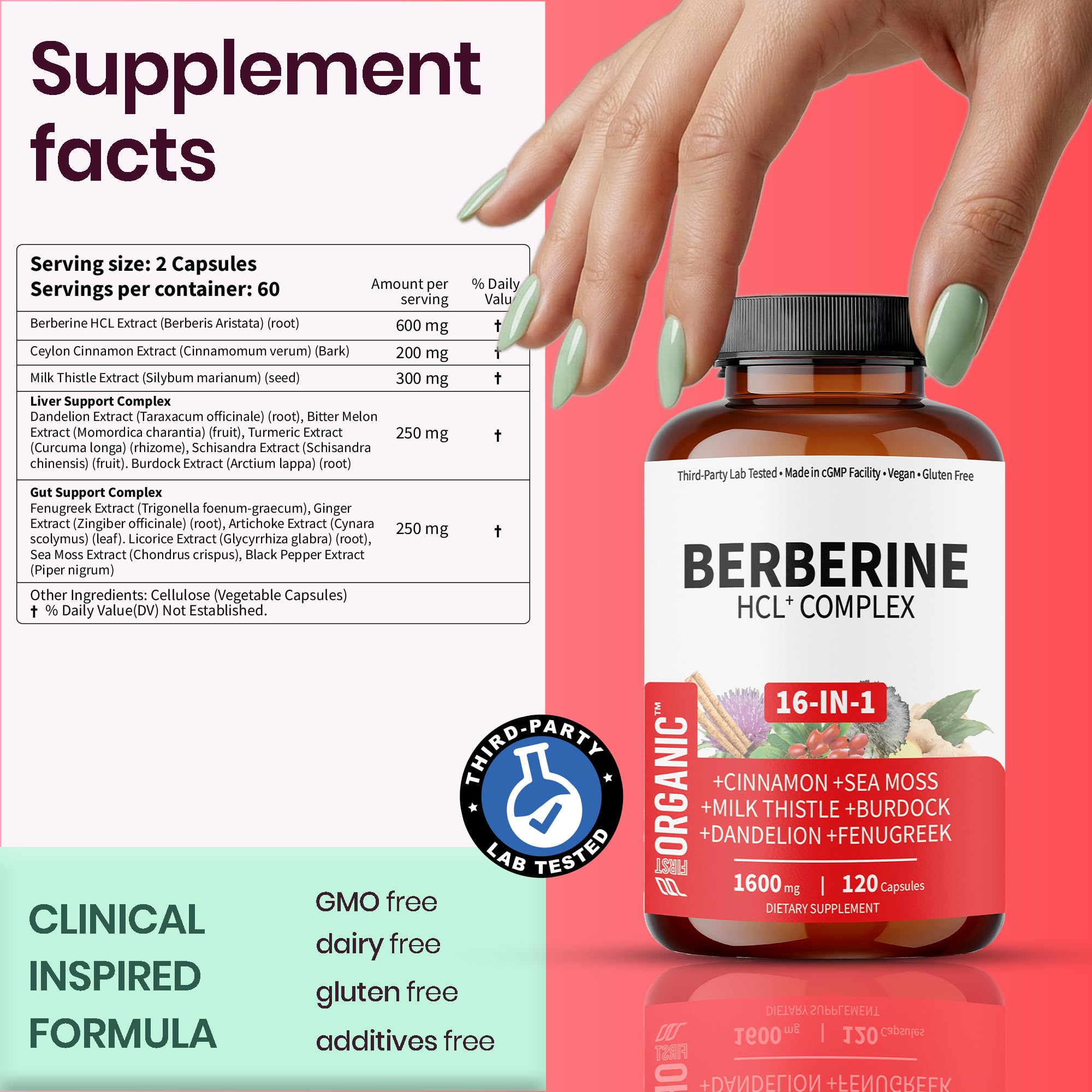 FIRSTORGANIC Herbal Supplement Capsules in hand