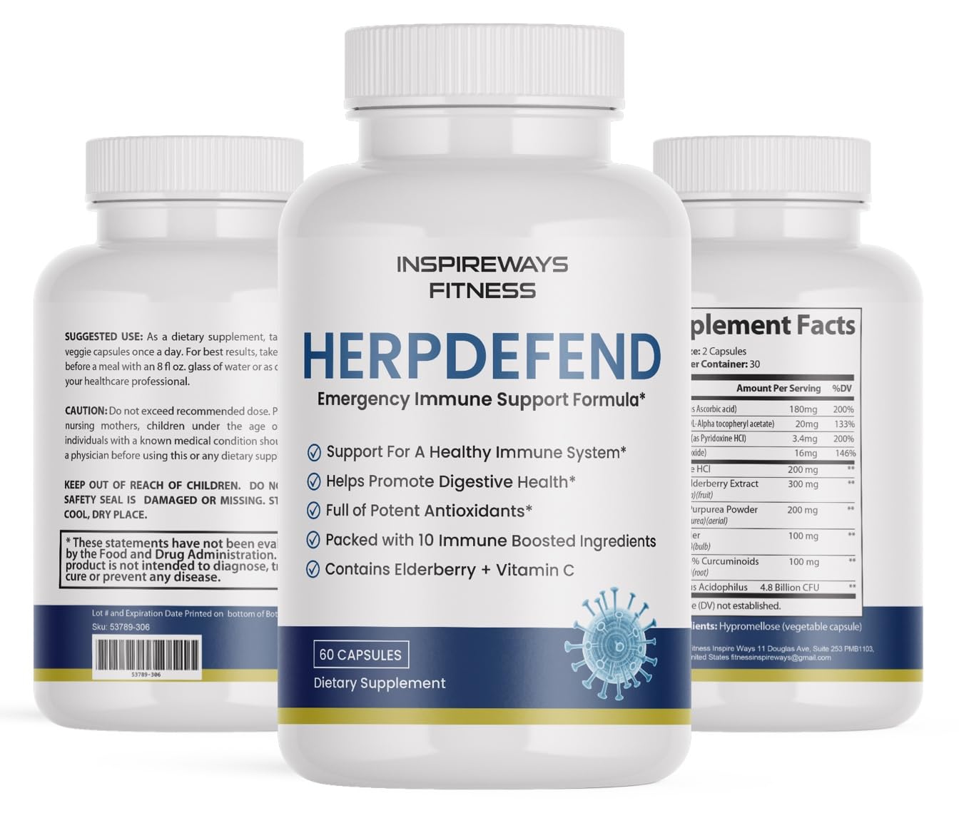 Fitness InspireWays Herpes Fend Ultra Strength 60 Capsules bottle packaging