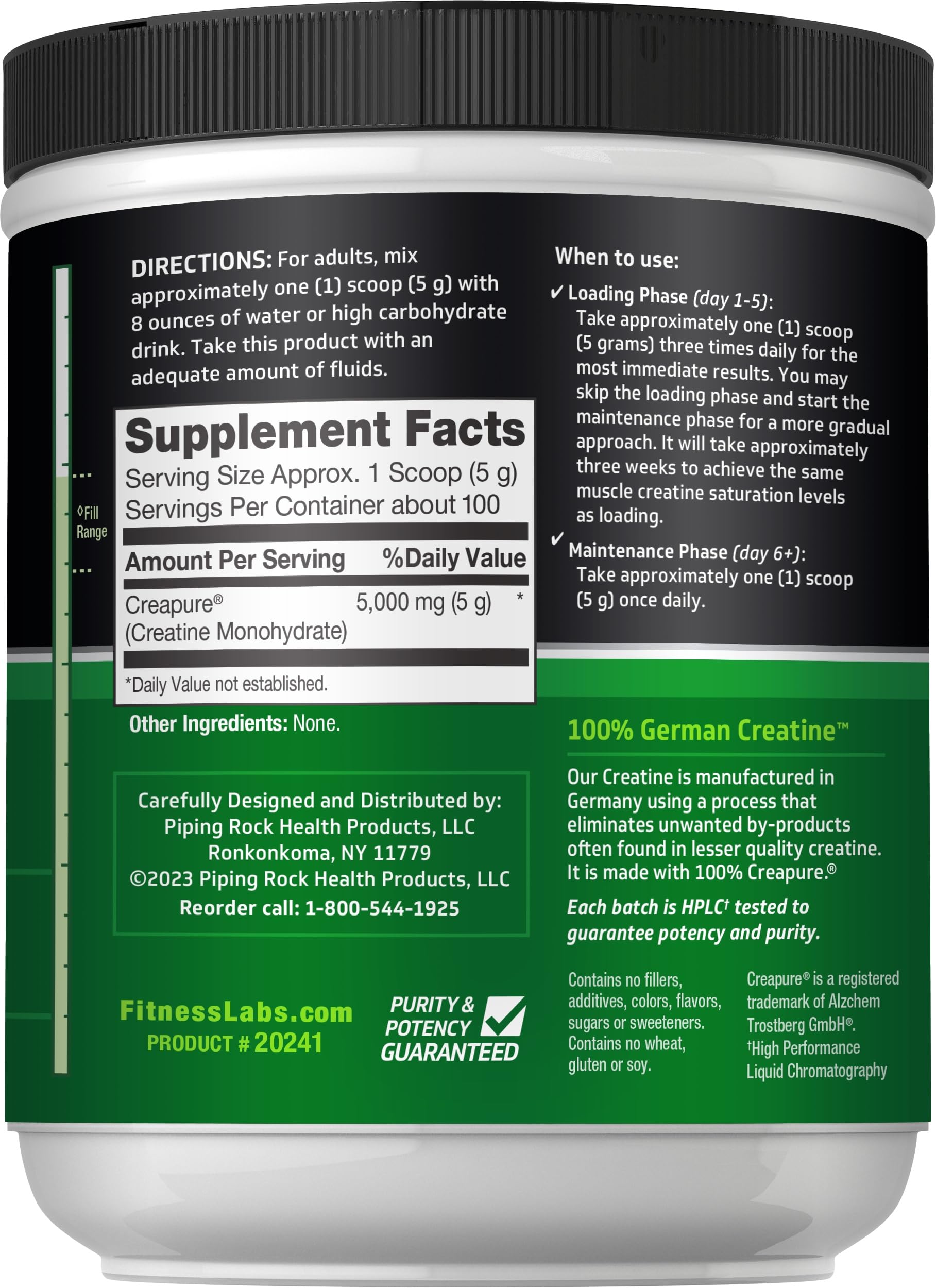 Fitness Labs Creatine Monohydrate 499g back view with nutritional information