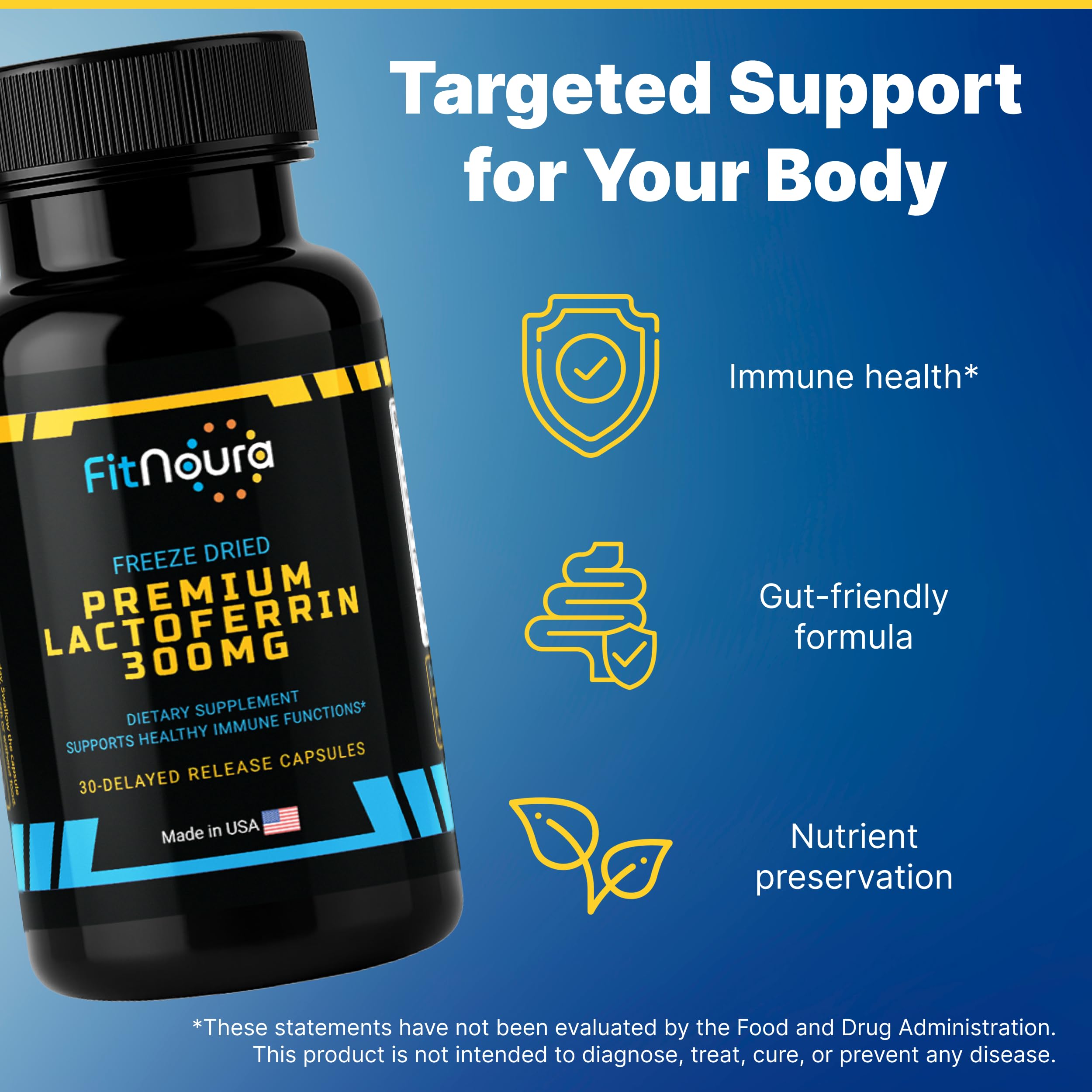 FitNoura Lactoferrin Supplement 300MG capsules on a wooden surface