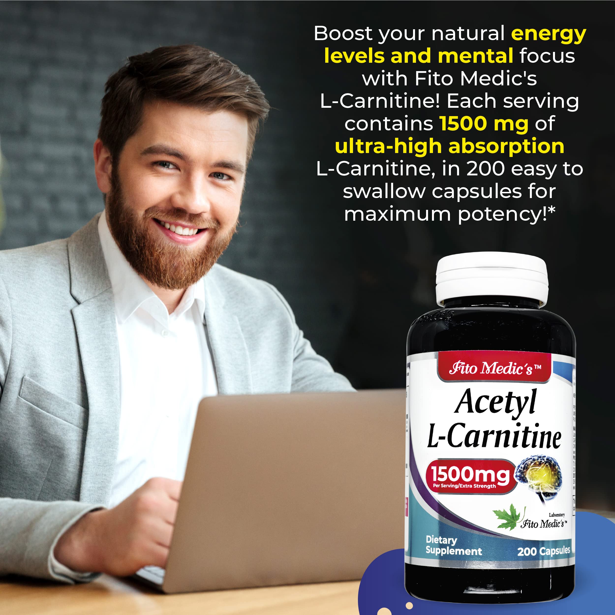 FITO MEDIC'S Acetyl-L-Carnitine 200 Capsules bottle side view