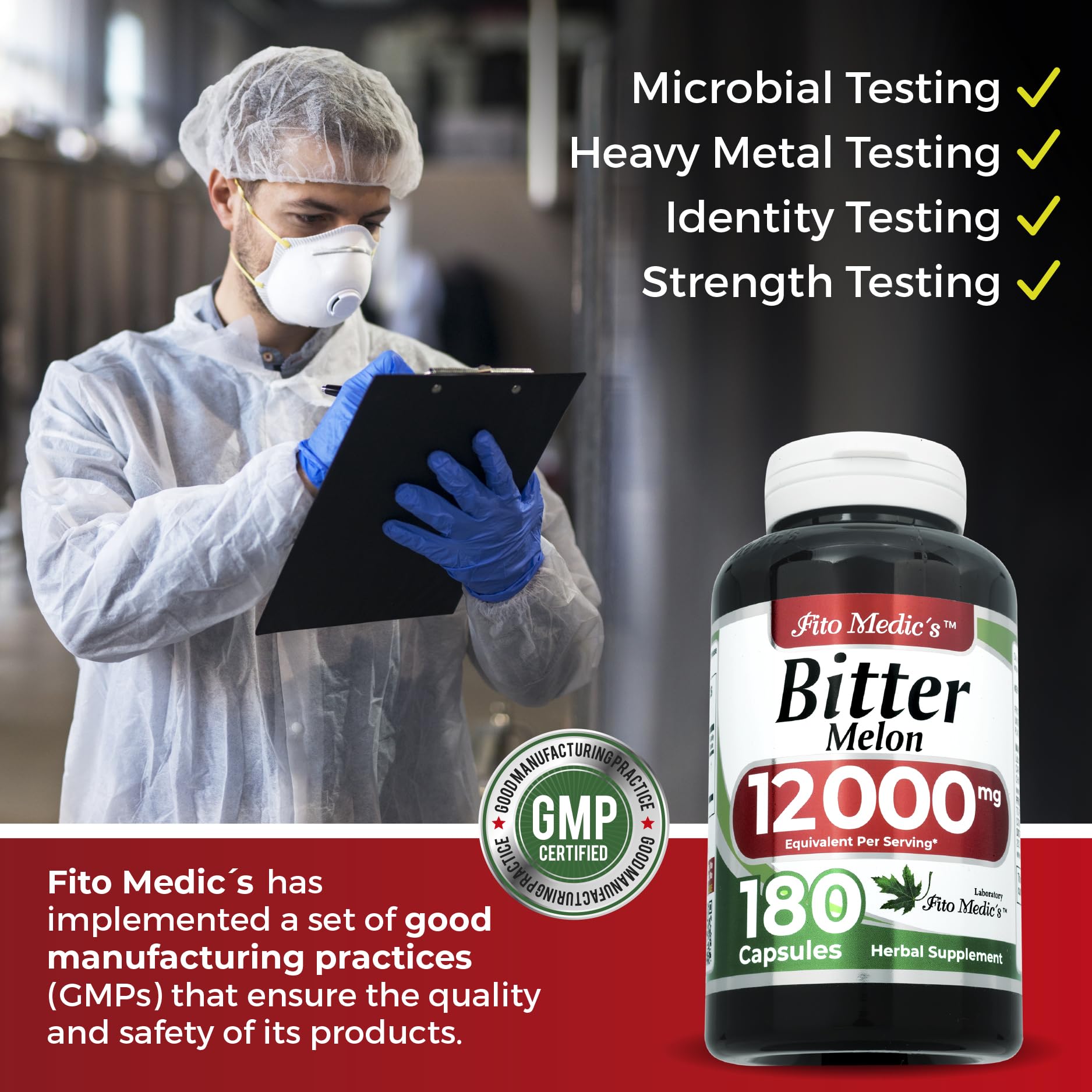 FITO MEDIC'S Bitter Melon Extract Capsules on a wooden table