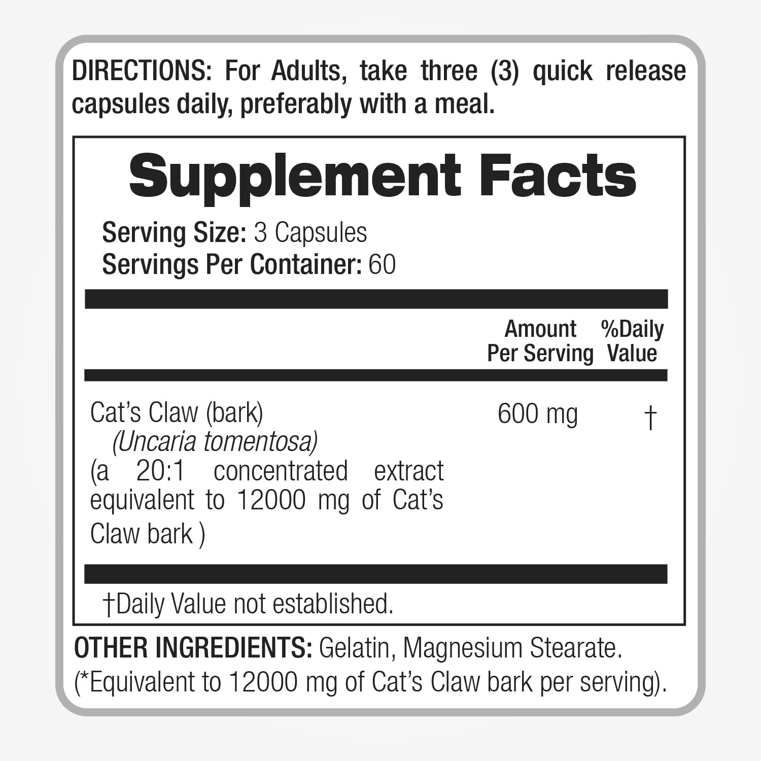 FITO MEDIC'S Cat’s Claw Bark Capsules 600mg back label with ingredients