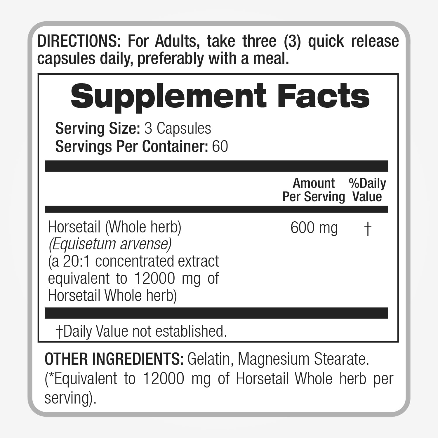 FITO MEDIC'S Horsetail Extract 600mg capsules label close-up