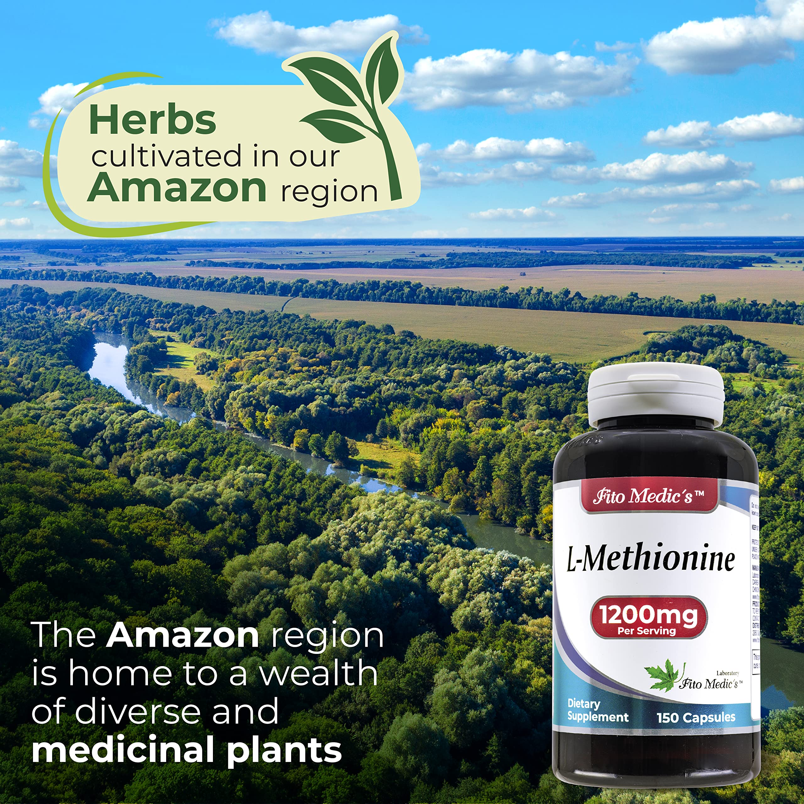 FITO MEDIC'S Methionine 1200mg supplement bottle with cap on a white background