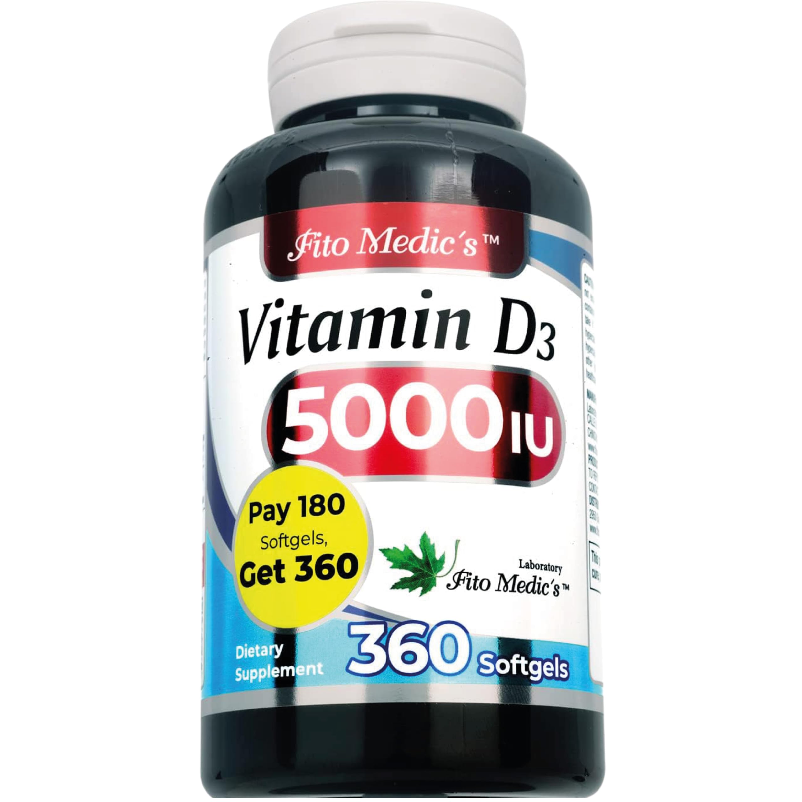 FITO MEDIC'S Vitamin D3 5000 IU Softgels bottle side view