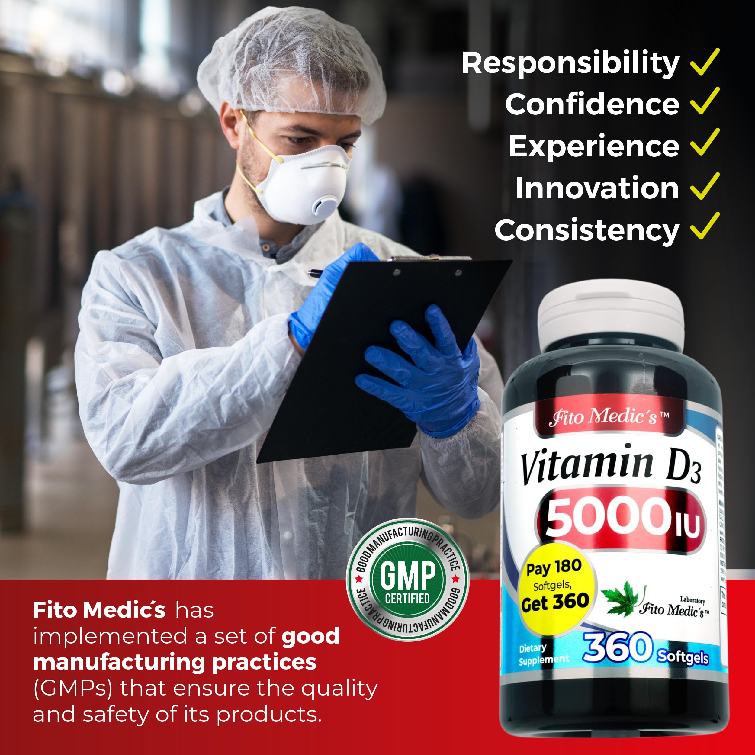 FITO MEDIC'S Vitamin D3 5000 IU Softgels on a wooden table