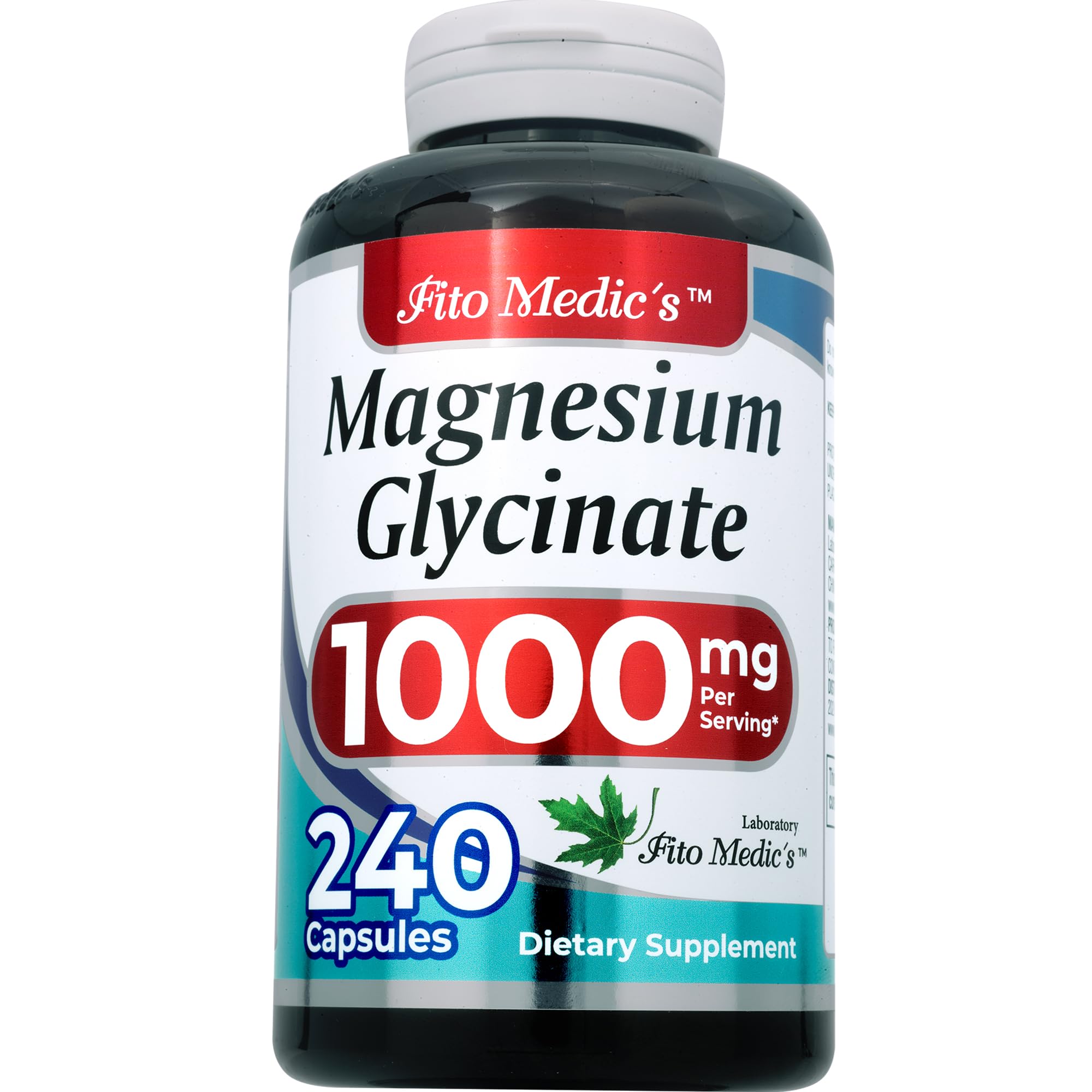 FITOMEDIC'S Magnesium Glycinate supplement side view with dosage information