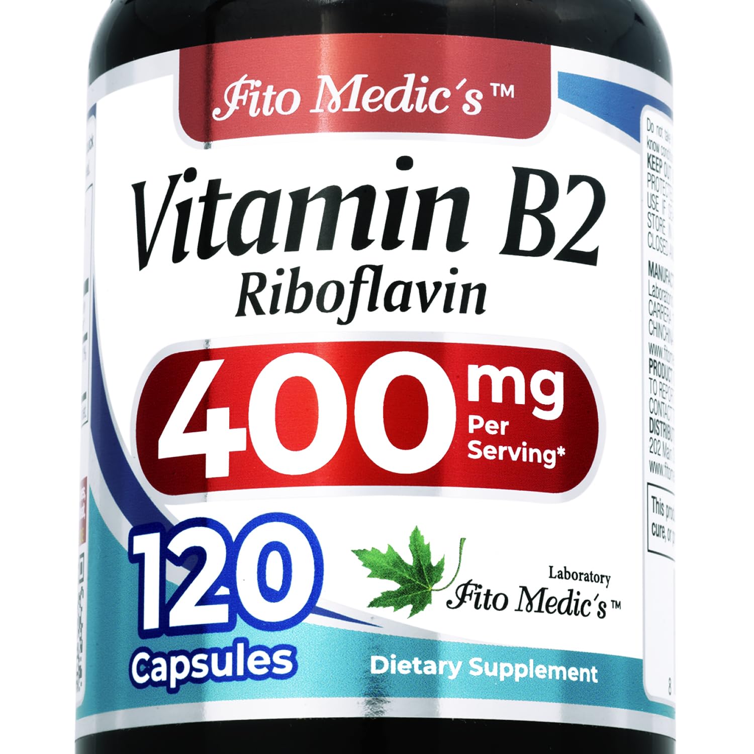 FITOMEDIC'S Vitamin B2 Riboflavin 400mg 120 Capsules front view