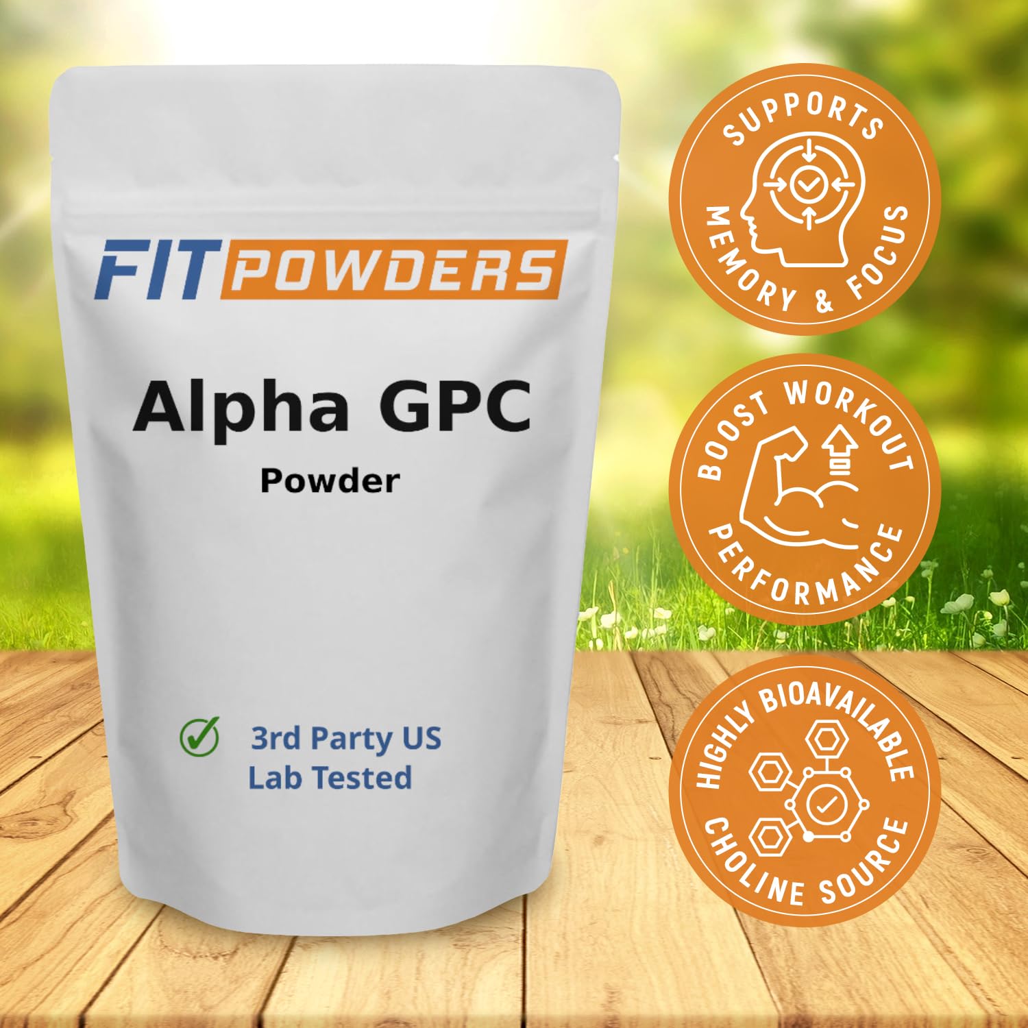 FitPowders Alpha-GPC Choline Powder back view with nutritional information