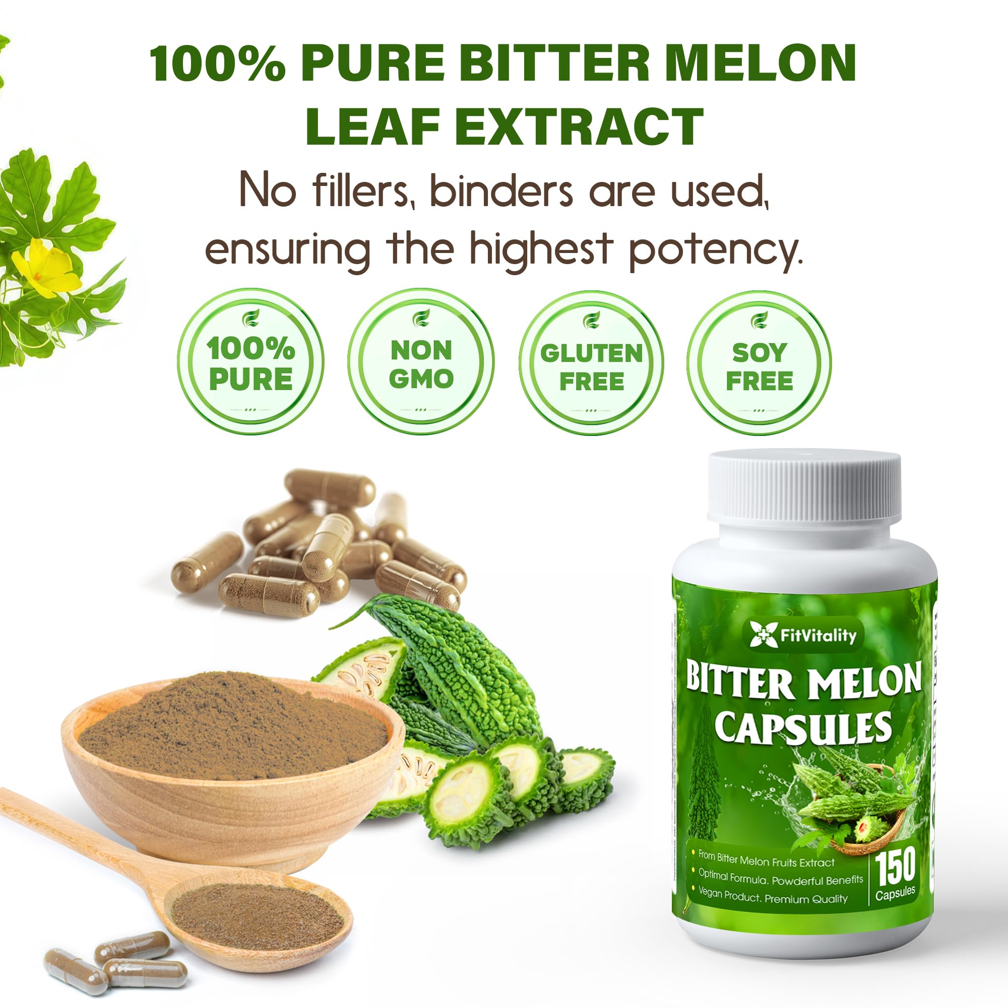 FitVitality Bitter Melon Capsules displayed with fresh bitter melon