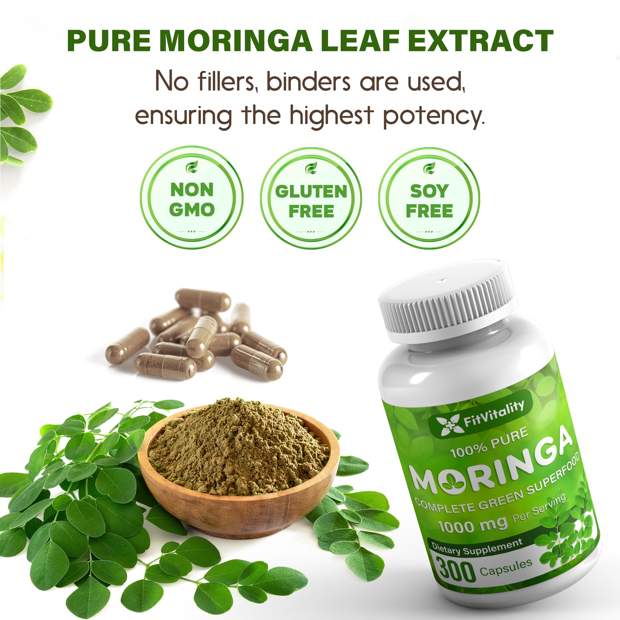 FitVitality Moringa Leaf Extract Capsules 1000mg bottle with label