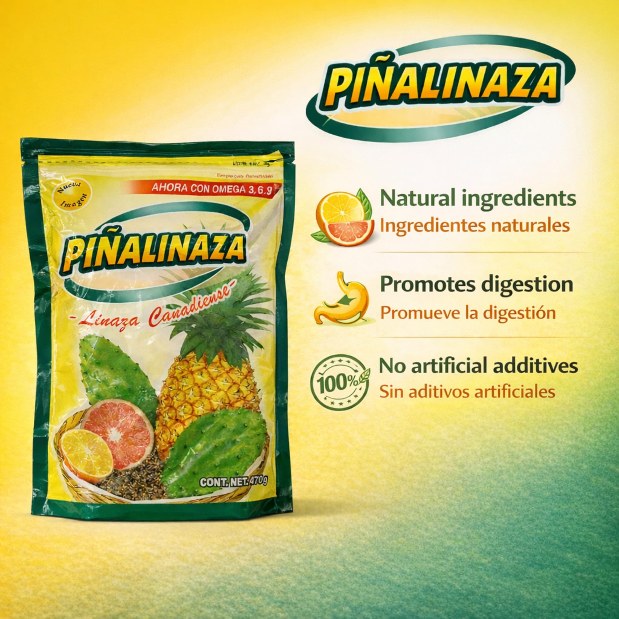 Five Brothers Piñalinaza Colon Cleanse Fiber Powder side view showing organic pineapple flavour