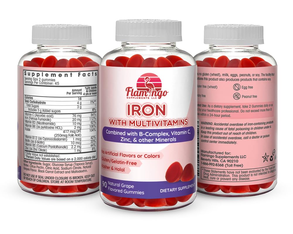 Flamingo Supplements Iron Gummies on a wooden table