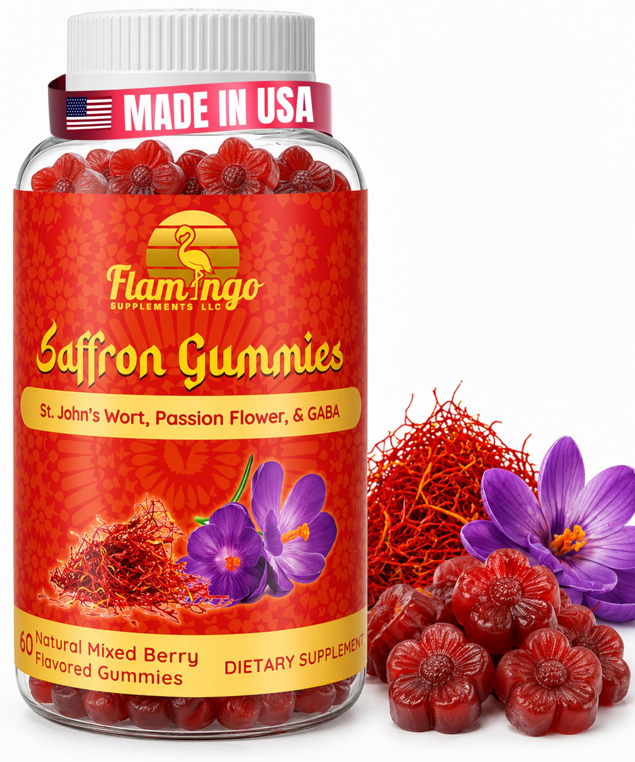 Flamingo Supplements saffron gummies front view packaging