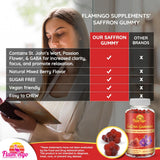 Flamingo Supplements saffron gummies side view with ingredients