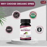 Flat lay of ORGANIC SPREE Beetroot Tablets with fresh beetroot