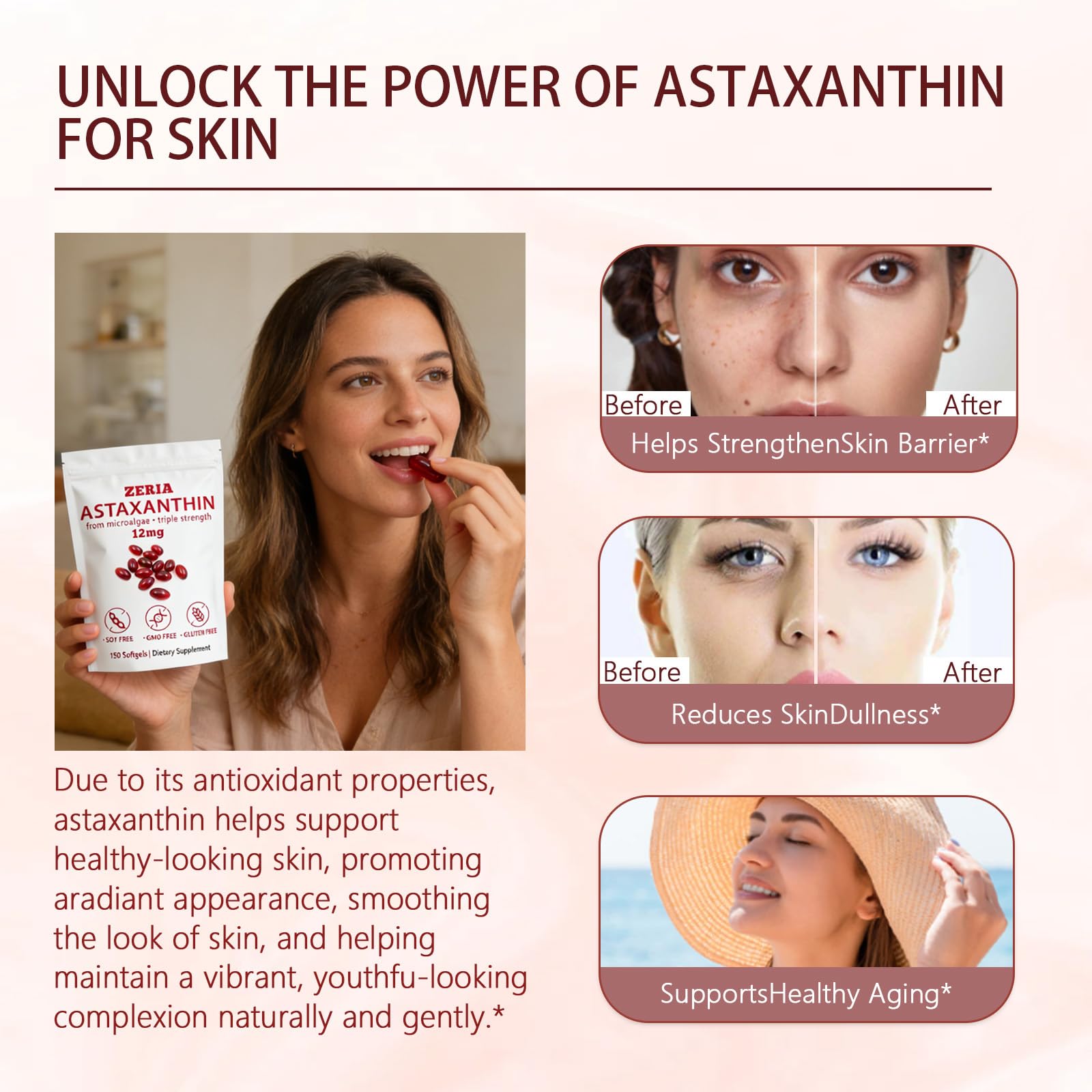 Flat lay of ZERIA Astaxanthin Softgels with a glass of water