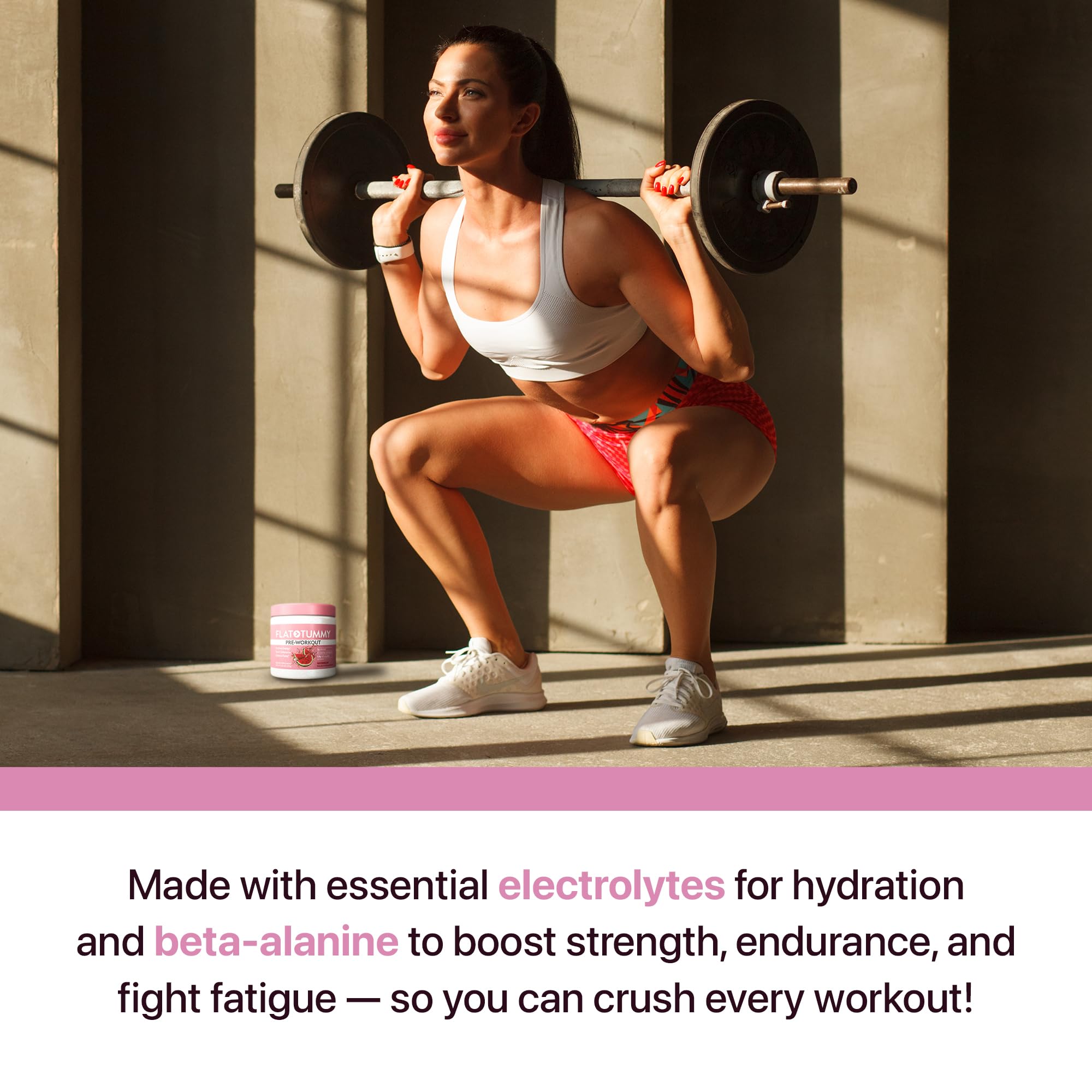 Flat Tummy Pre Workout Powder 240g on a fitness mat