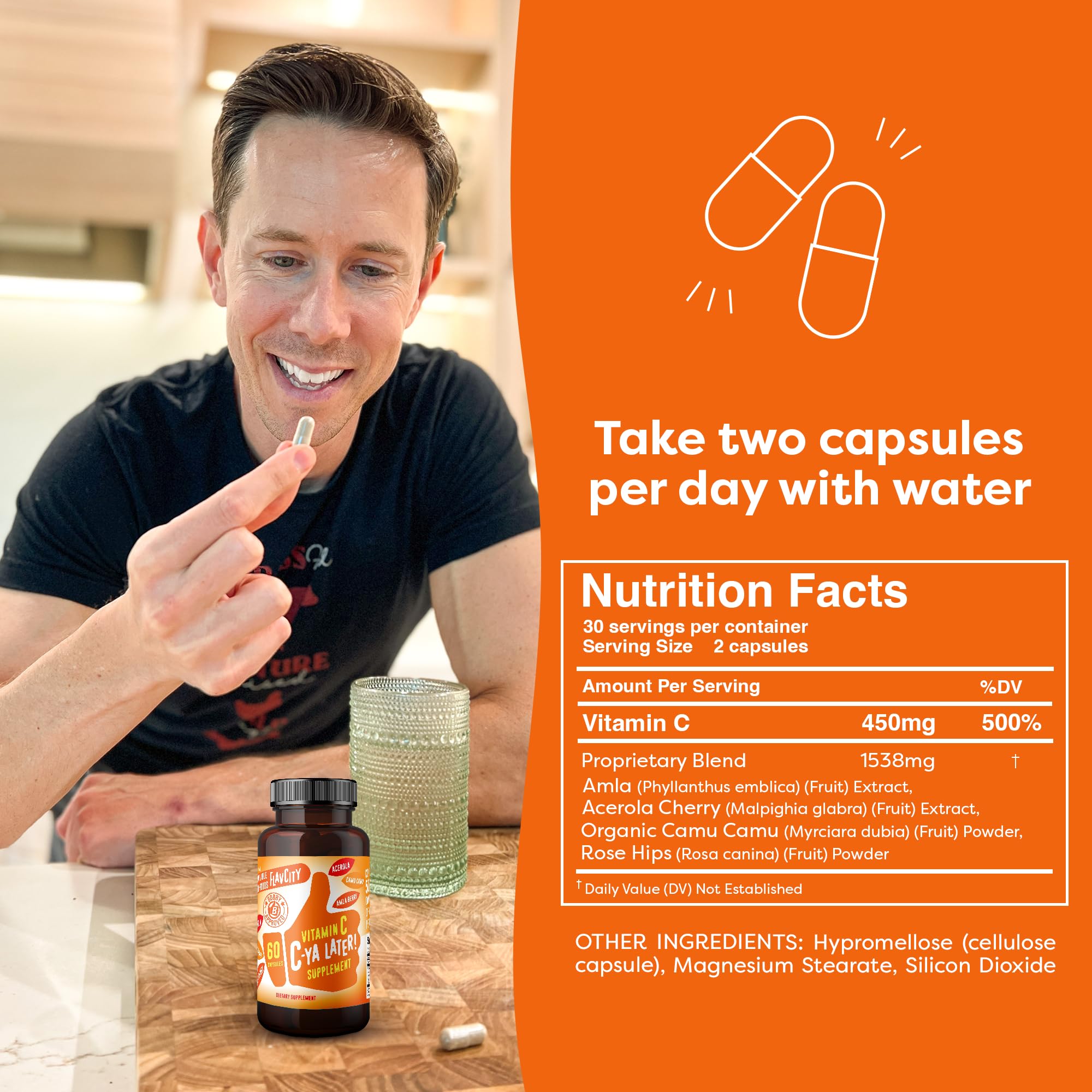 FlavCity C-Ya Later! Vitamin C Capsules on a wooden table