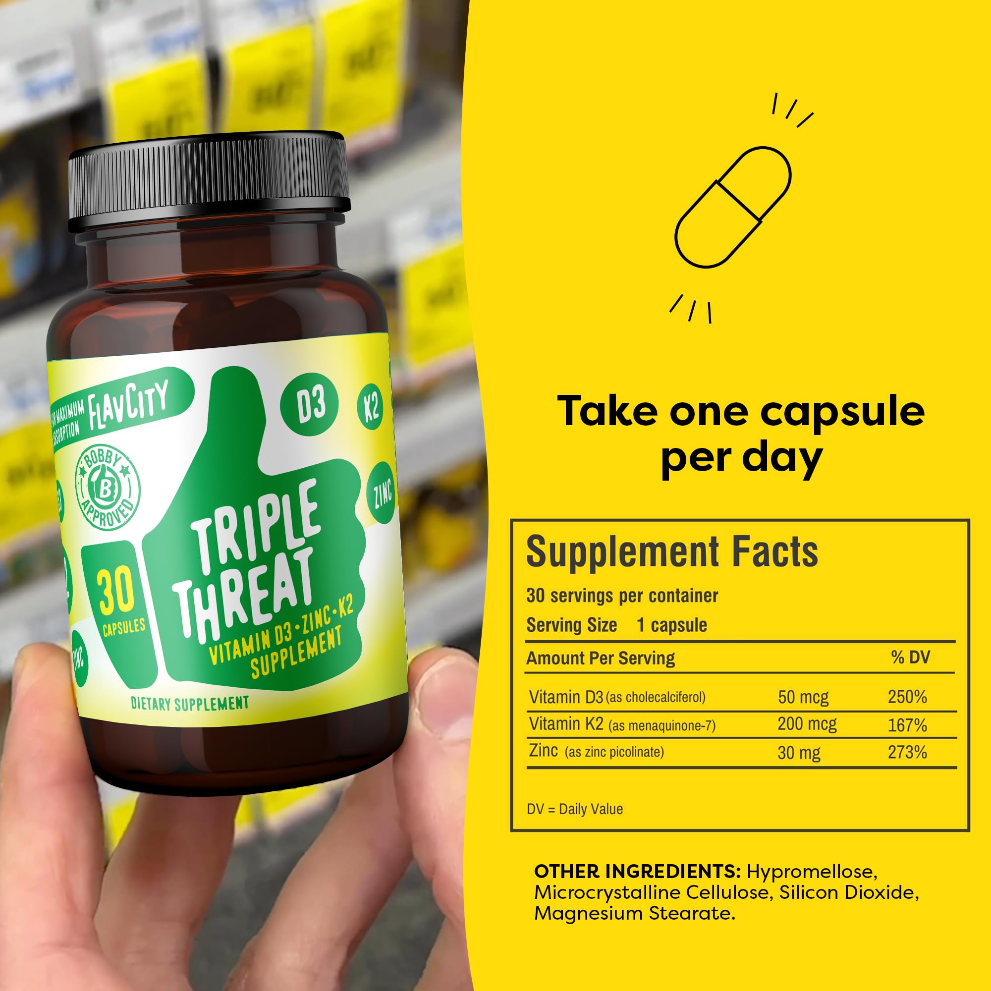 FlavCity Triple Threat Vitamin D3 K2 Zinc Supplement packaging
