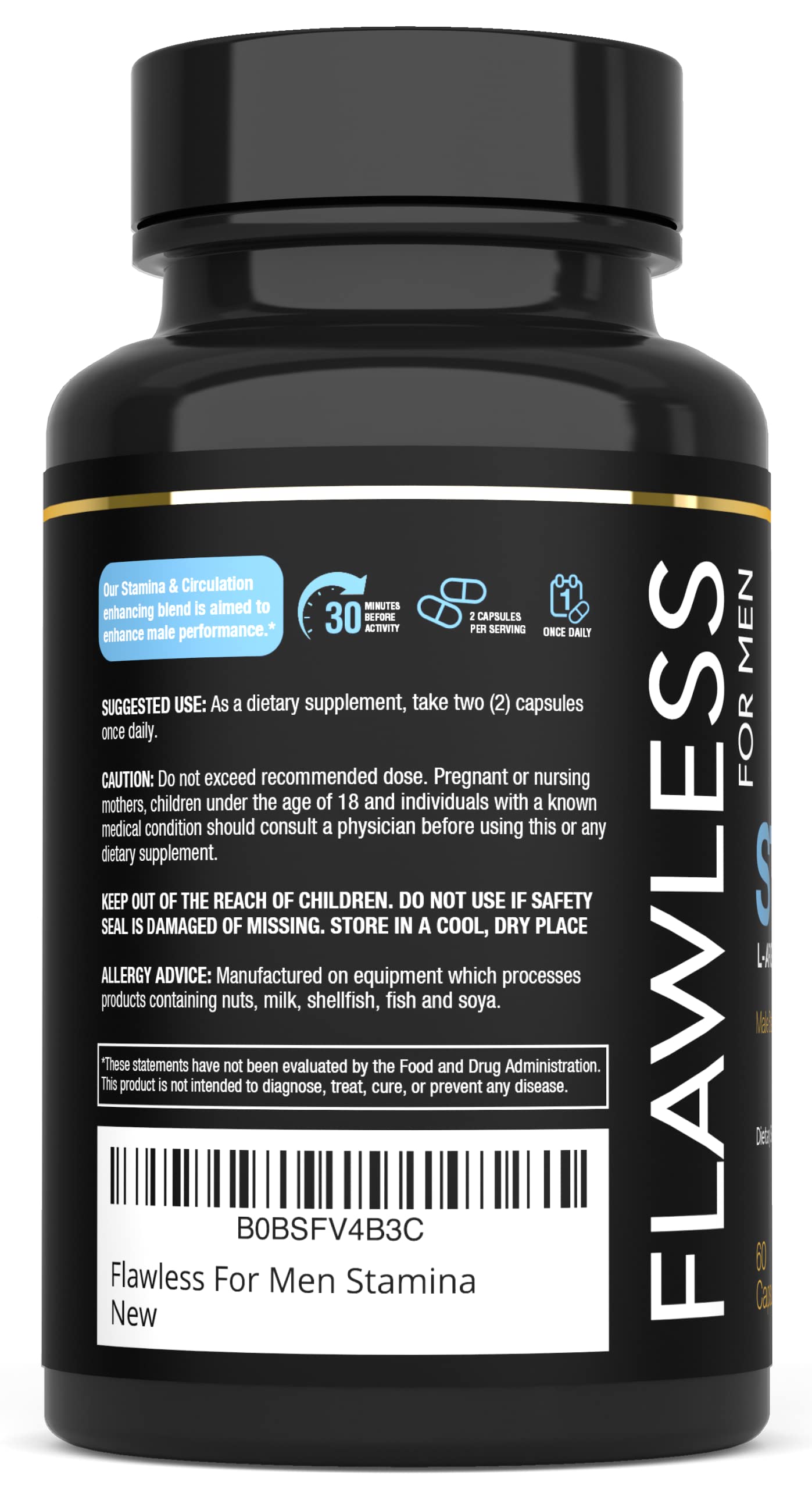 FLAWLESS FOR MEN L-Arginine Supplement bottle with measuring spoon