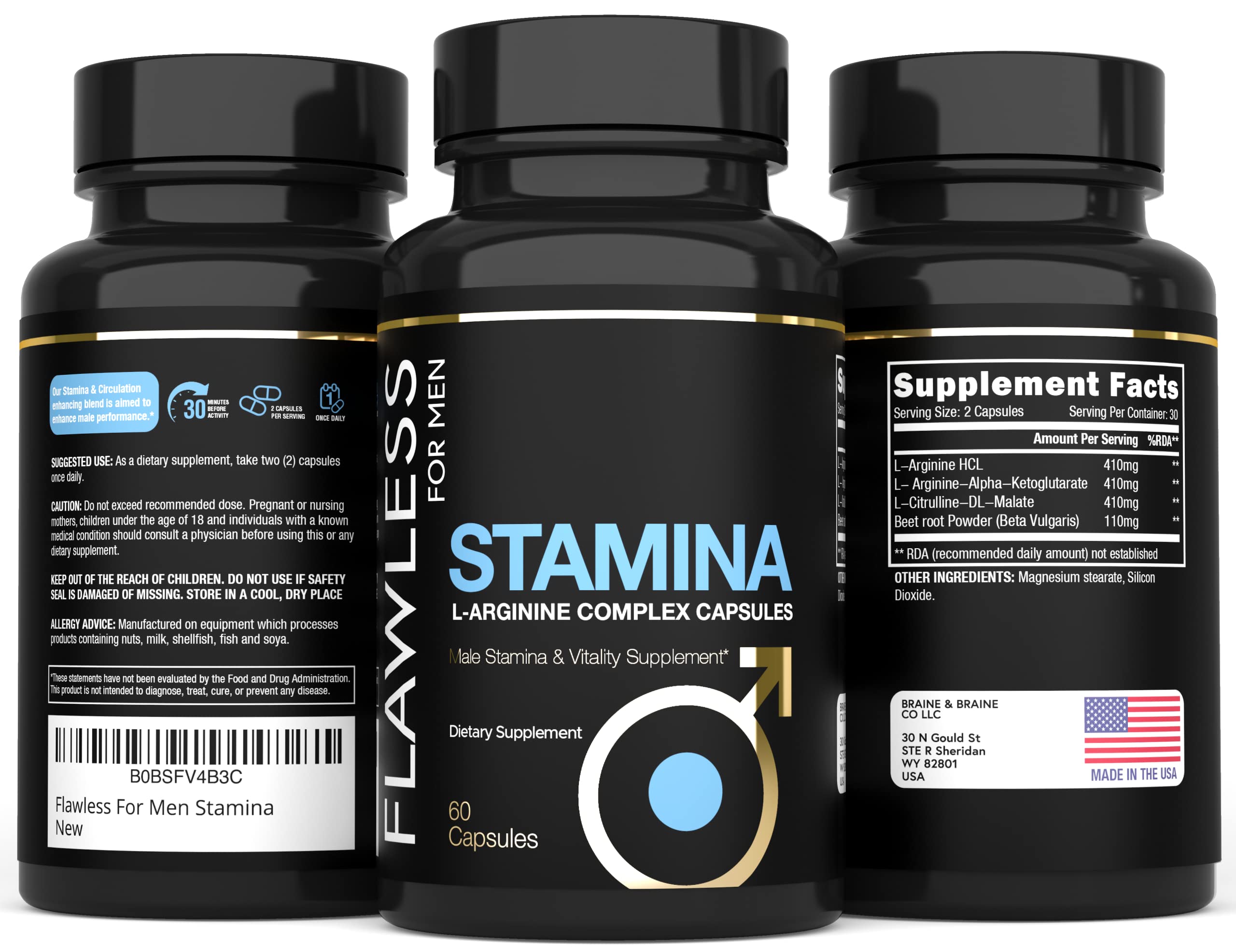 FLAWLESS FOR MEN L-Arginine Supplement capsules in a bowl