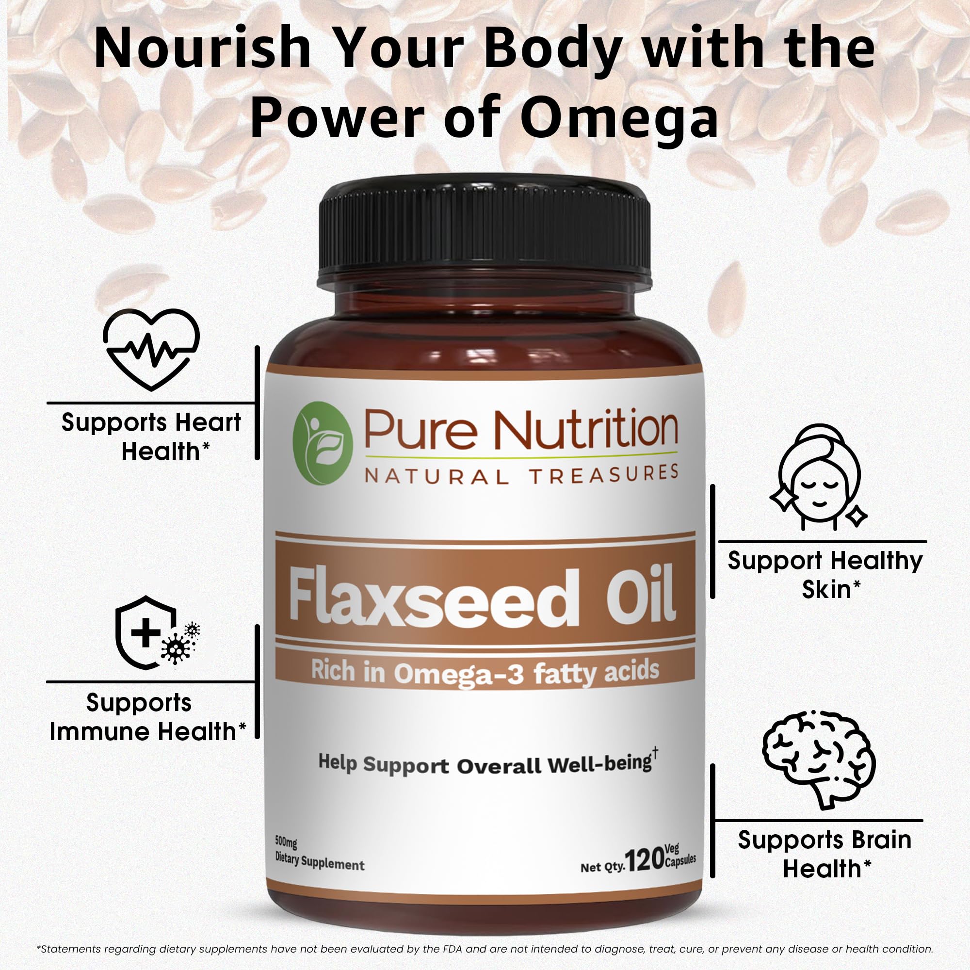 Flaxseed Oil 109g surrounded by flaxseeds