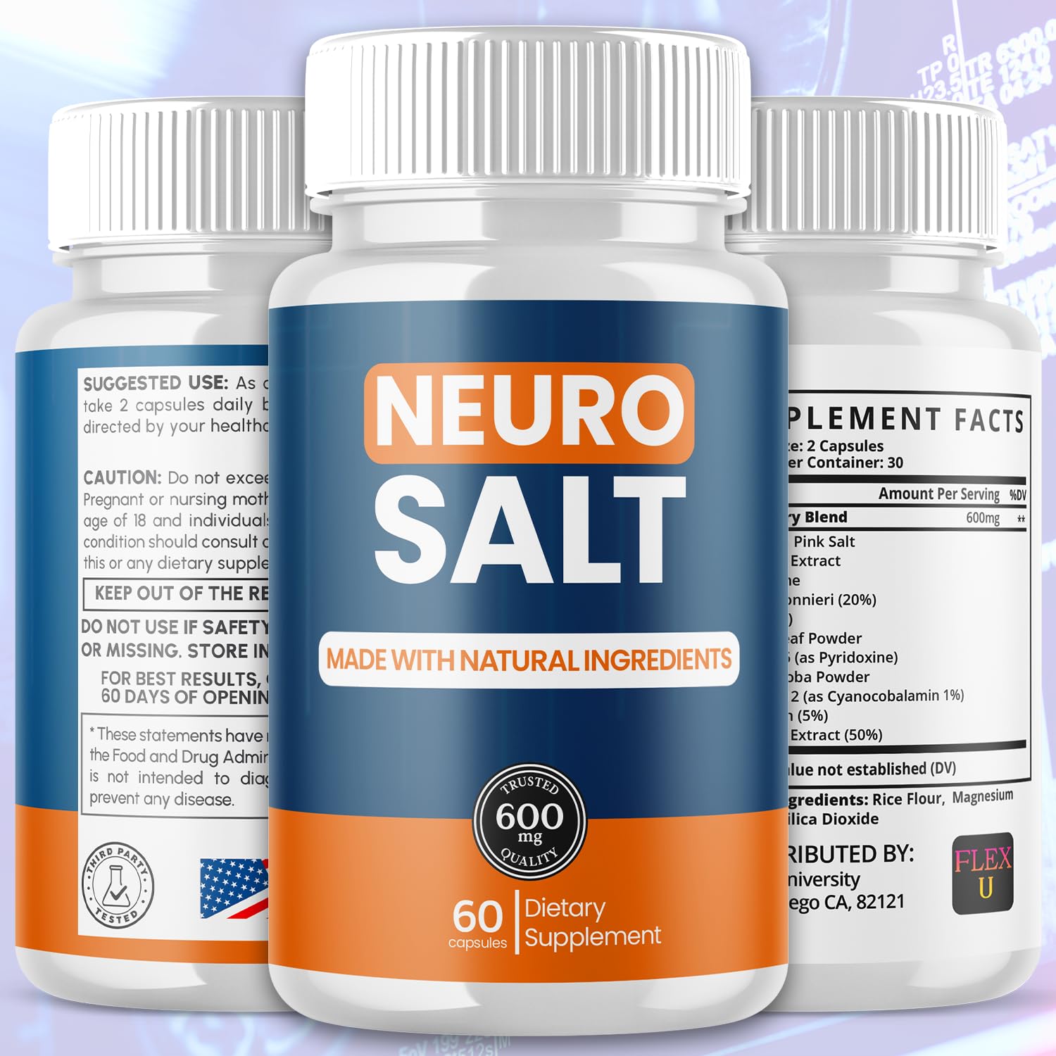 Flex University Neuro Salt Capsules side view showing capsule size