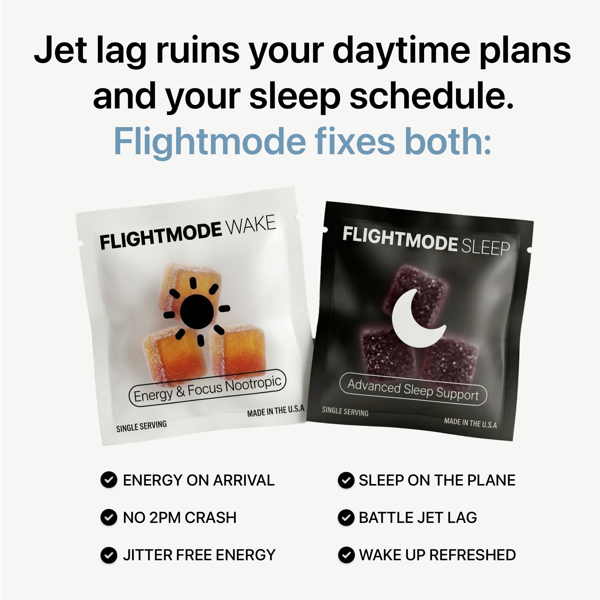 Flightmode gummies packaging with ingredients list