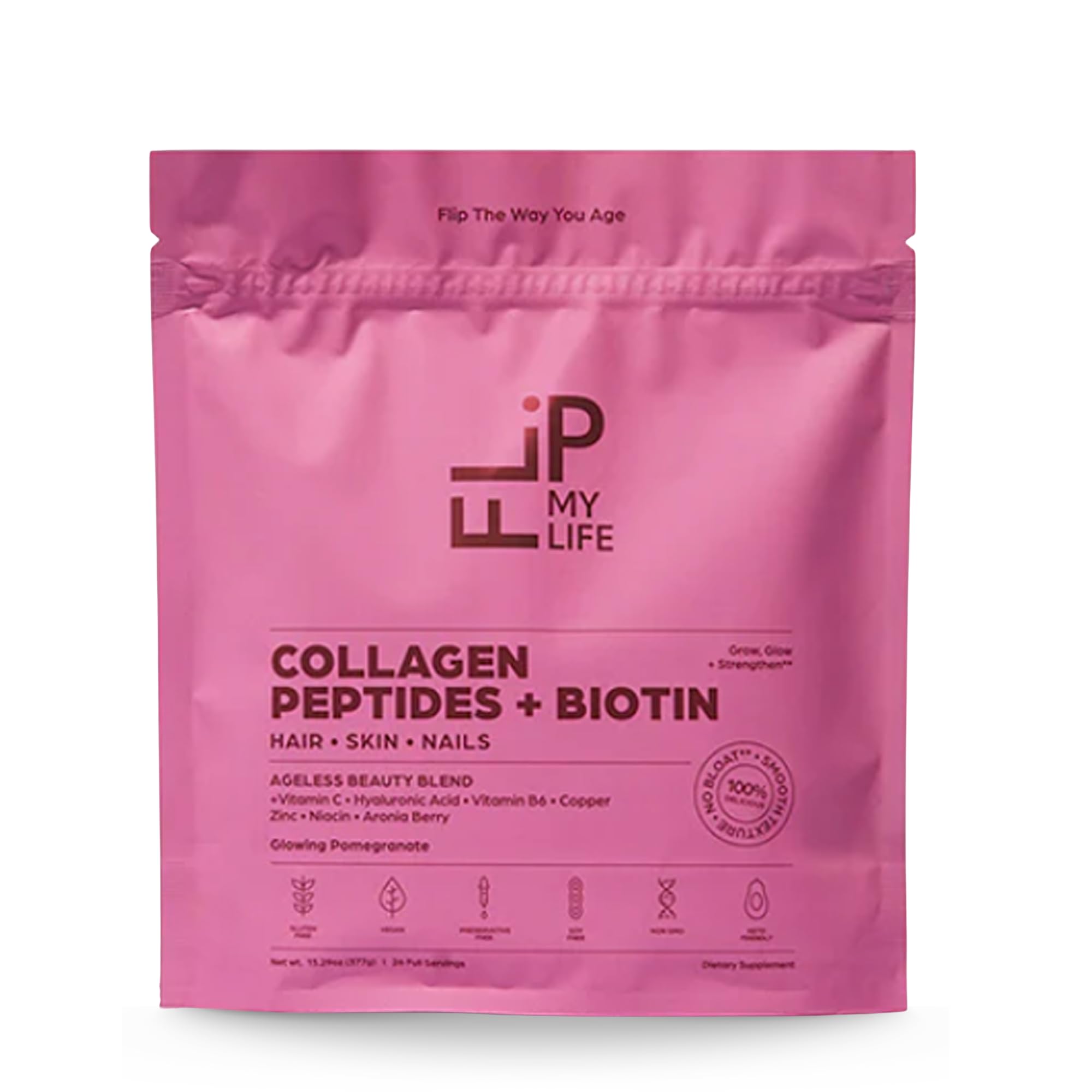 Flip My Life Collagen Peptides + Biotin 224g front view
