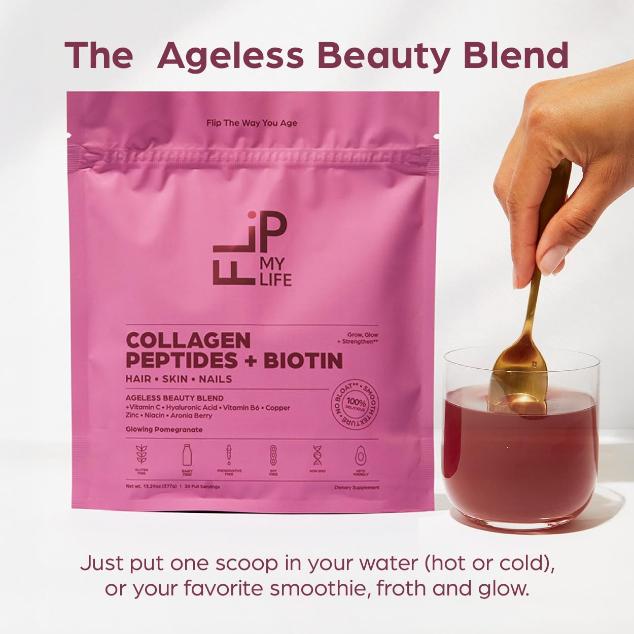 Flip My Life Collagen Peptides + Biotin 224g packaging