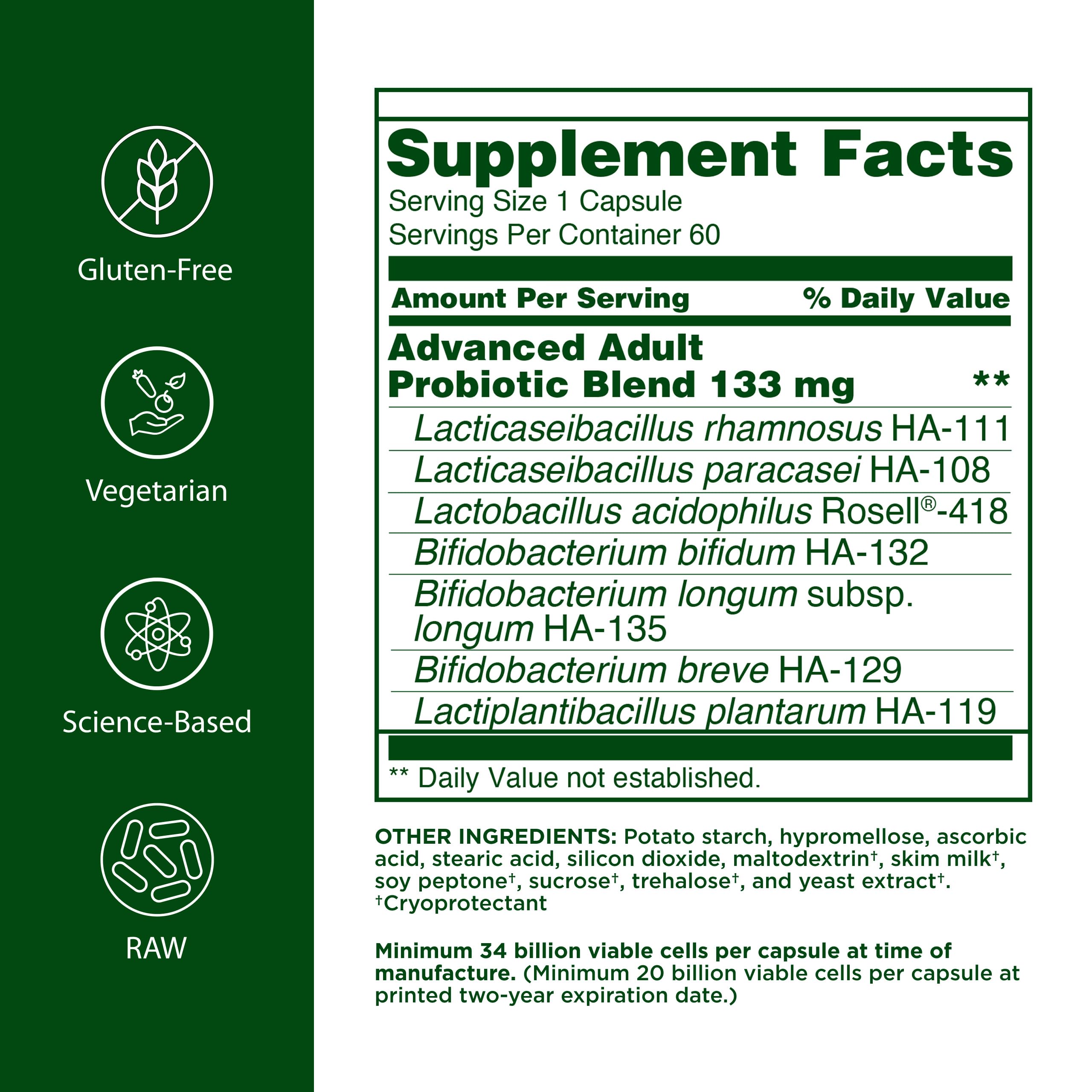 Flora Advanced Adult’s Probiotic 34 Billion CFU capsule bottle side view
