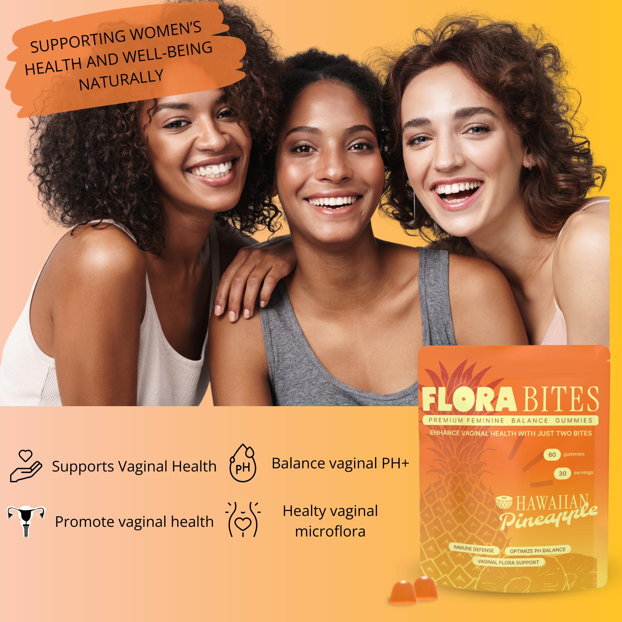 Flora Bites Premium Feminine Balance Gummies side view with nutritional information