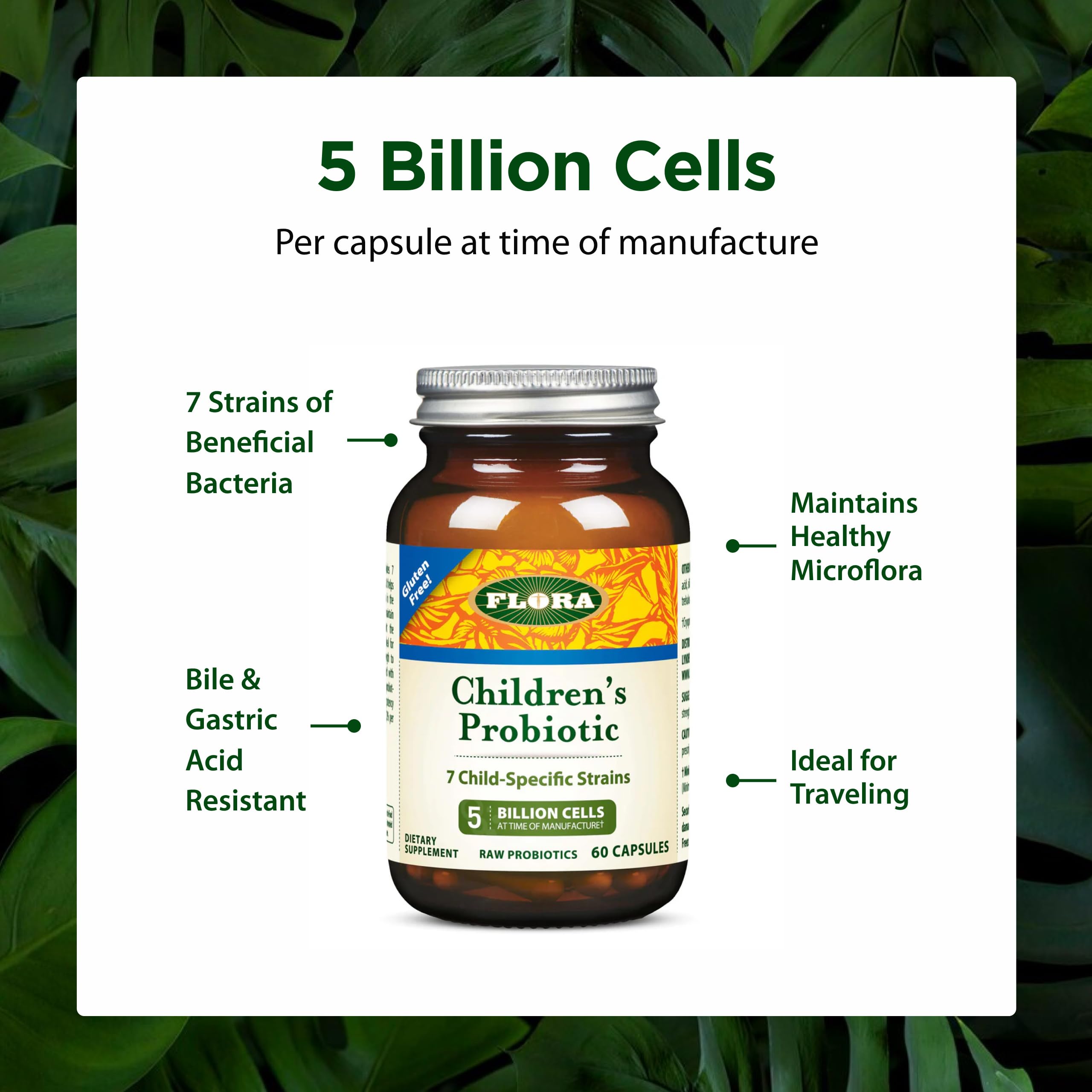 Flora Children's Care Probiotic 5 Billion CFU capsule on wooden table