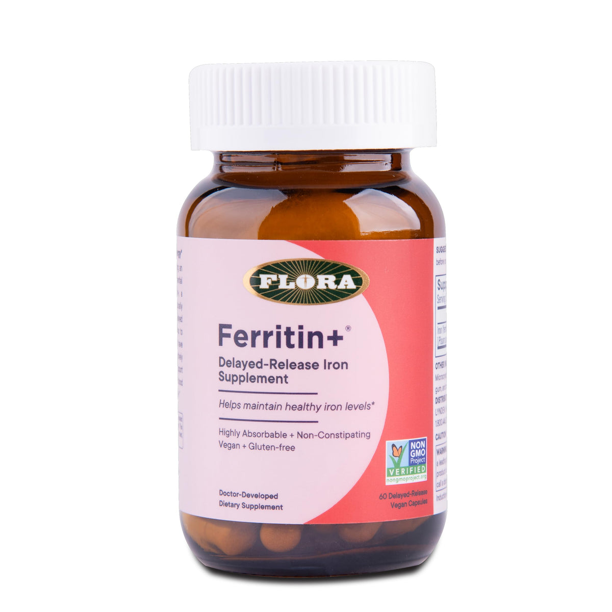 Flora Ferritin+ plant-based iron supplement amber glass bottle front view