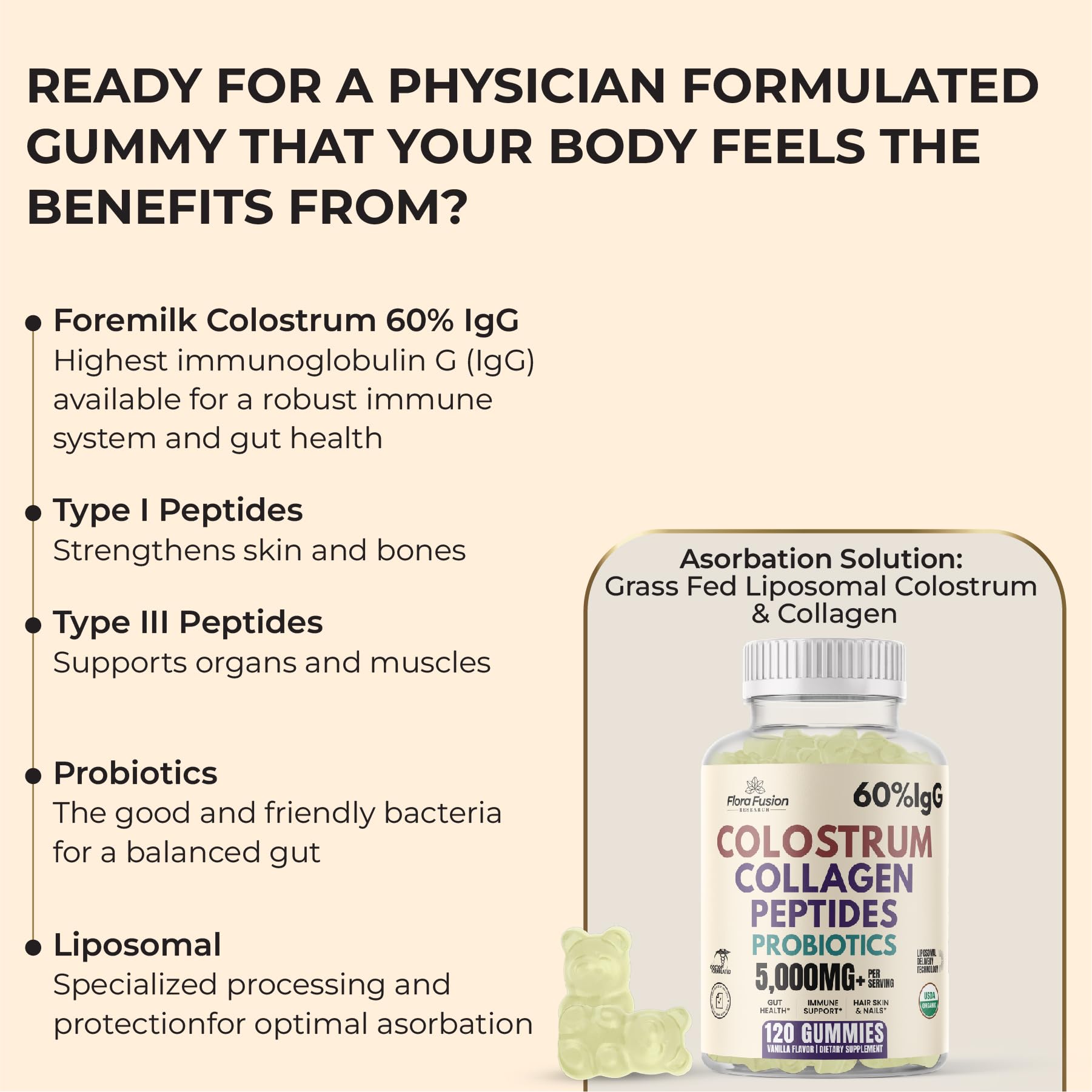 Flora Fusion Research Colostrum + Collagen Gummies on a kitchen counter