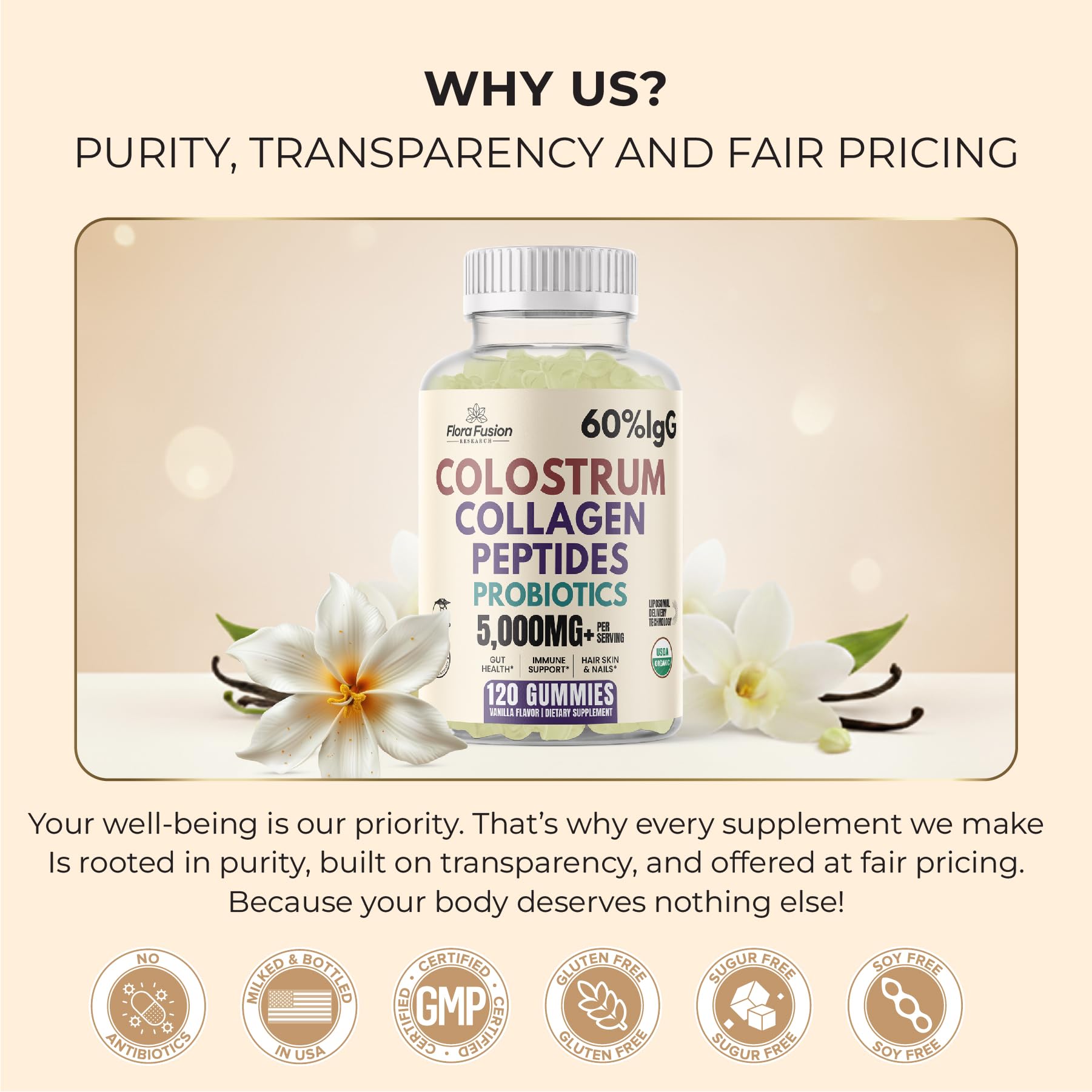 Flora Fusion Research Colostrum + Collagen Gummies packaging details